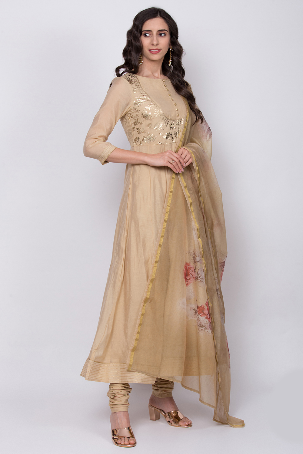 Beige Poly Cotton Anarkali Kurta Churidar Suit Set image number 3