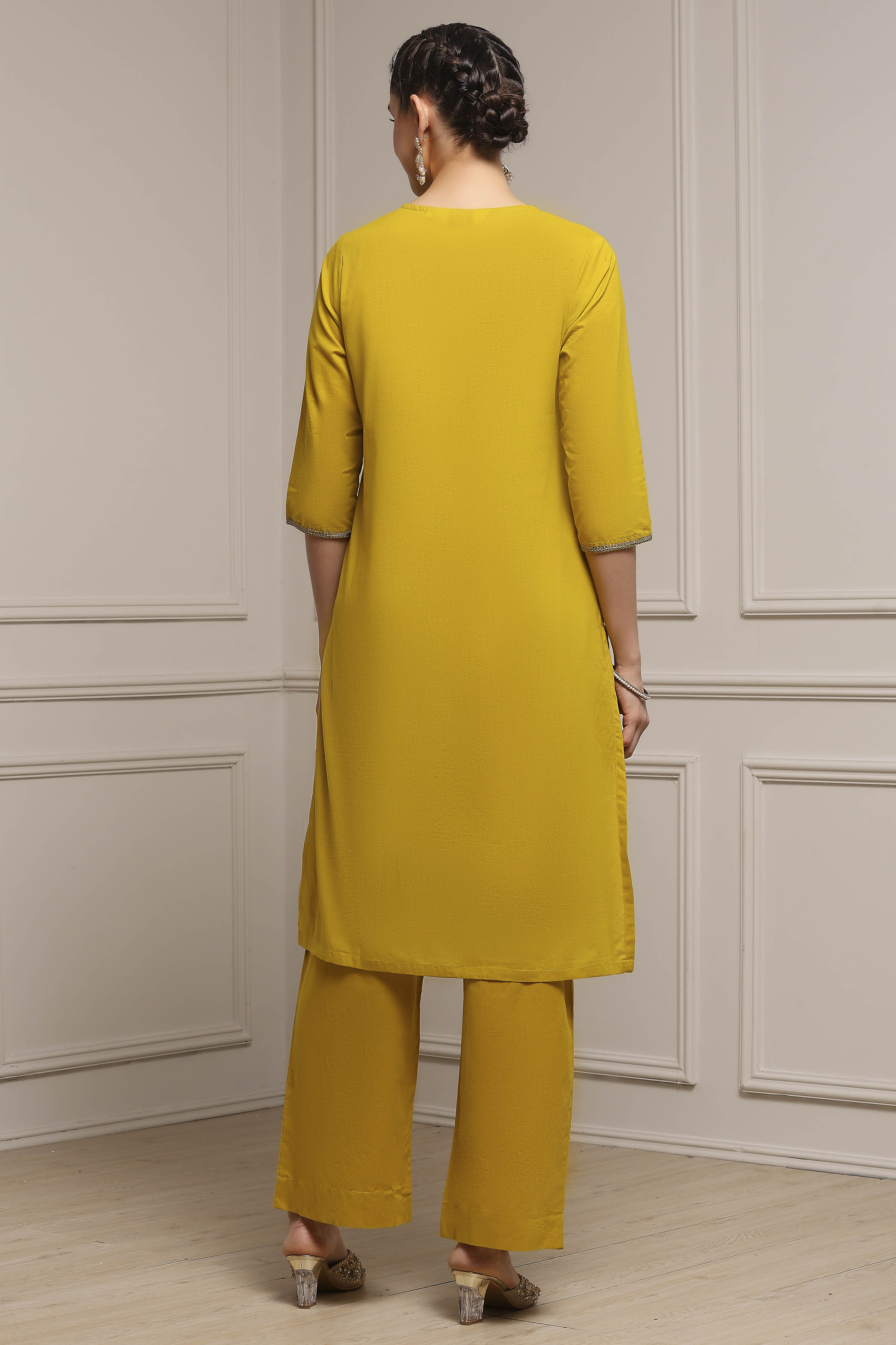 Blue Cotton Solid Straight Suit Set image number 4