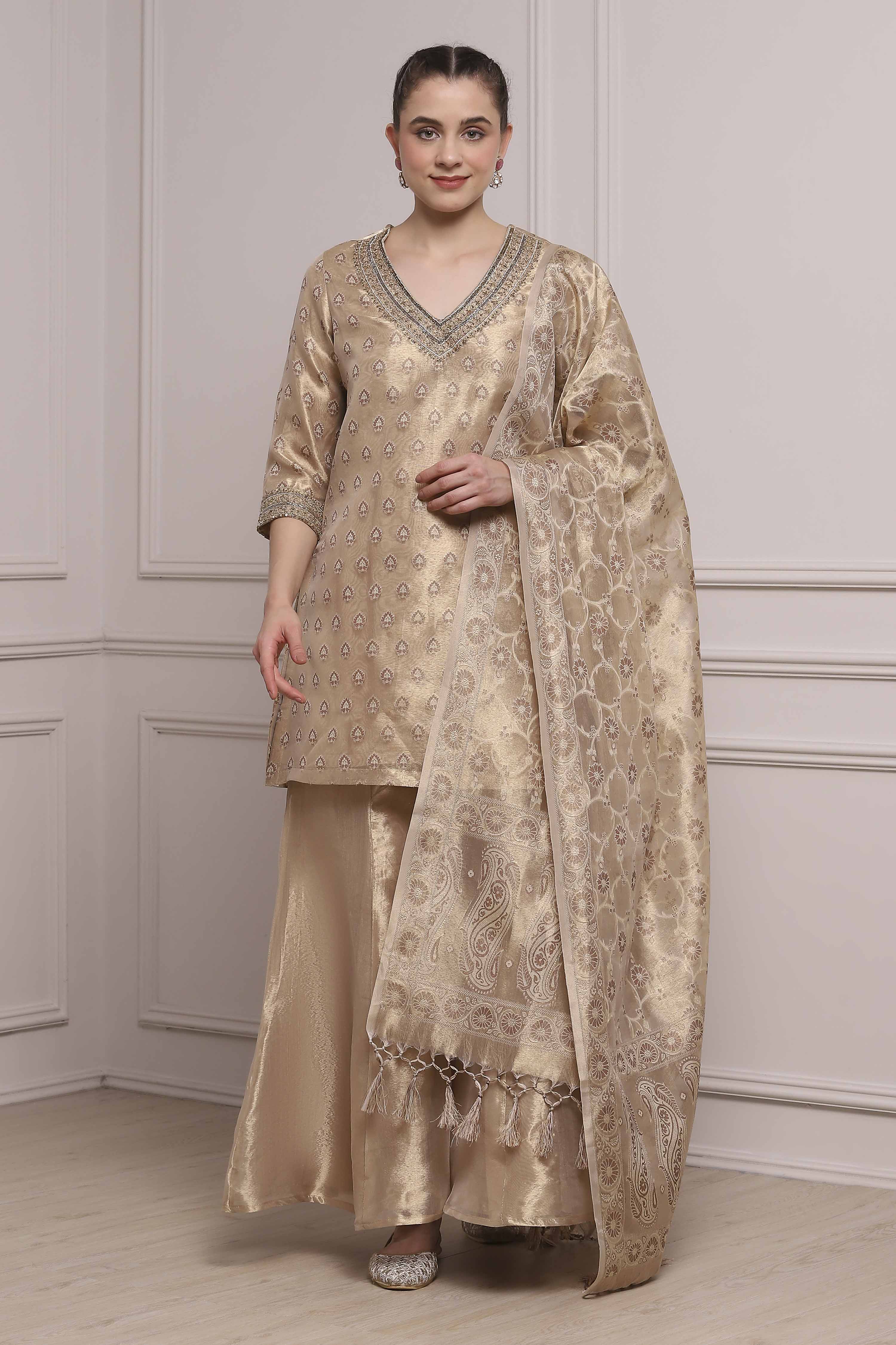 Gold Cotton Straight Yarndyed Sharara Suit Set image number 6