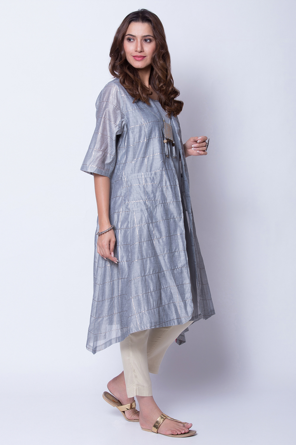 Grey Poly Metallic Cotton Front Open Yarndyed Kurta image number 3