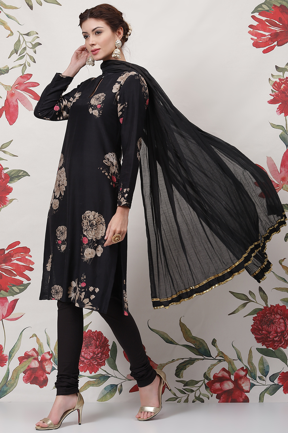 Rohit Bal Black Cotton Silk Straight Printed Suit Set image number 5