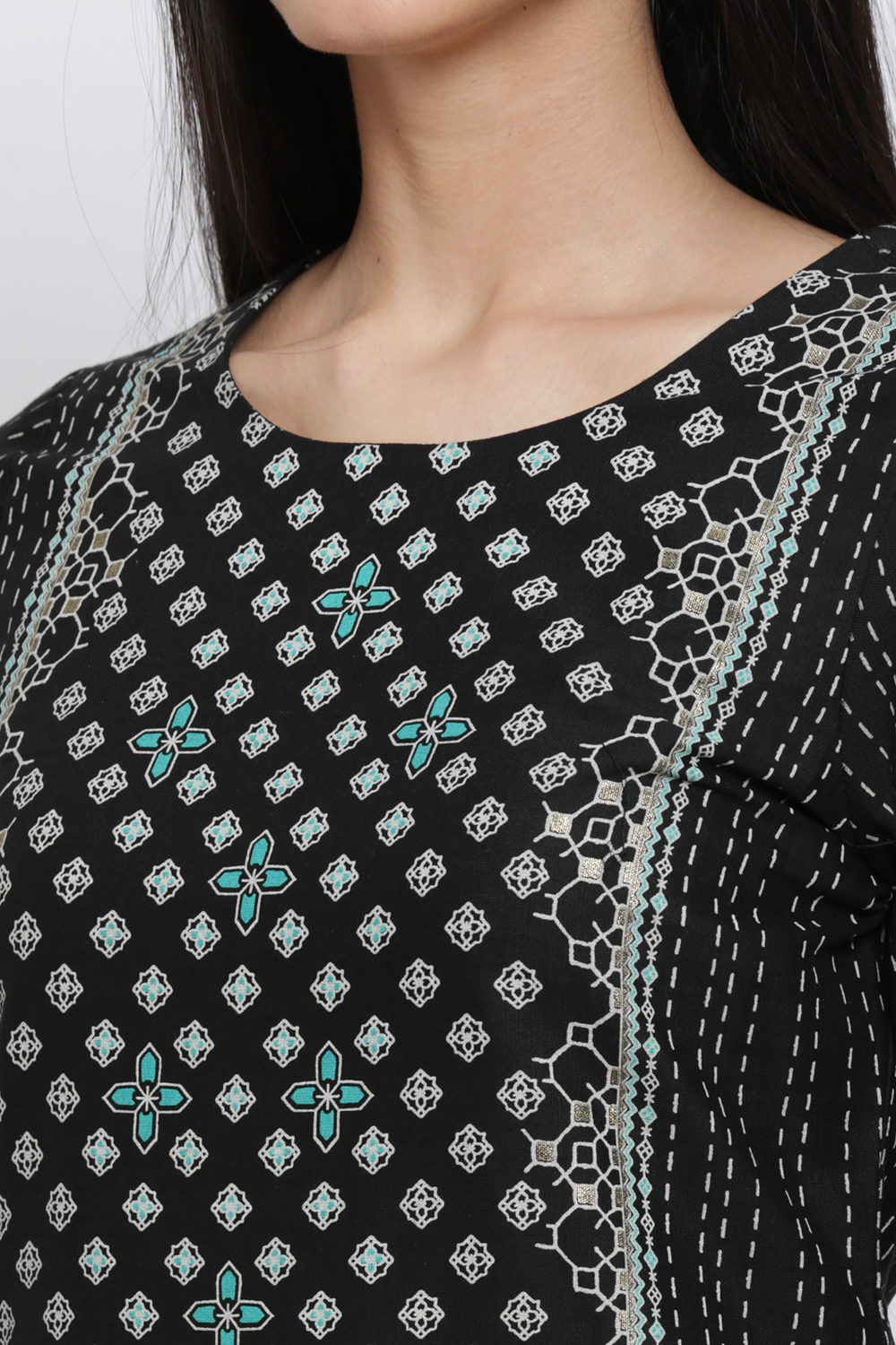 Black Cotton Flax Starlight Printed Kurta image number 1