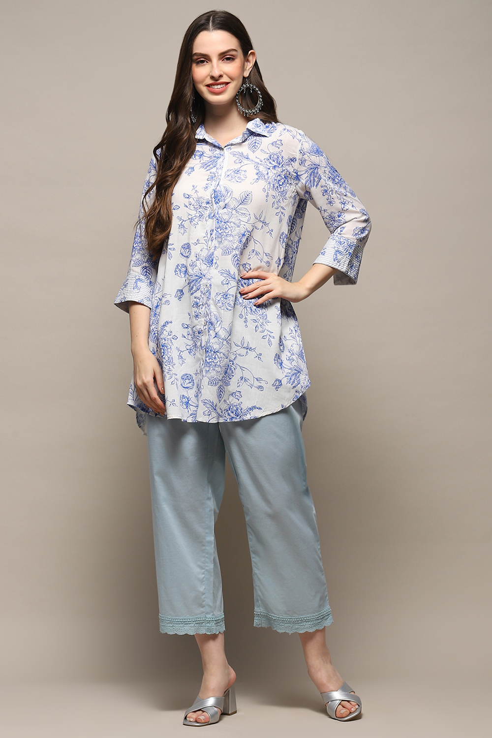 Powder Blue Cotton Straight Palazzo image number 0