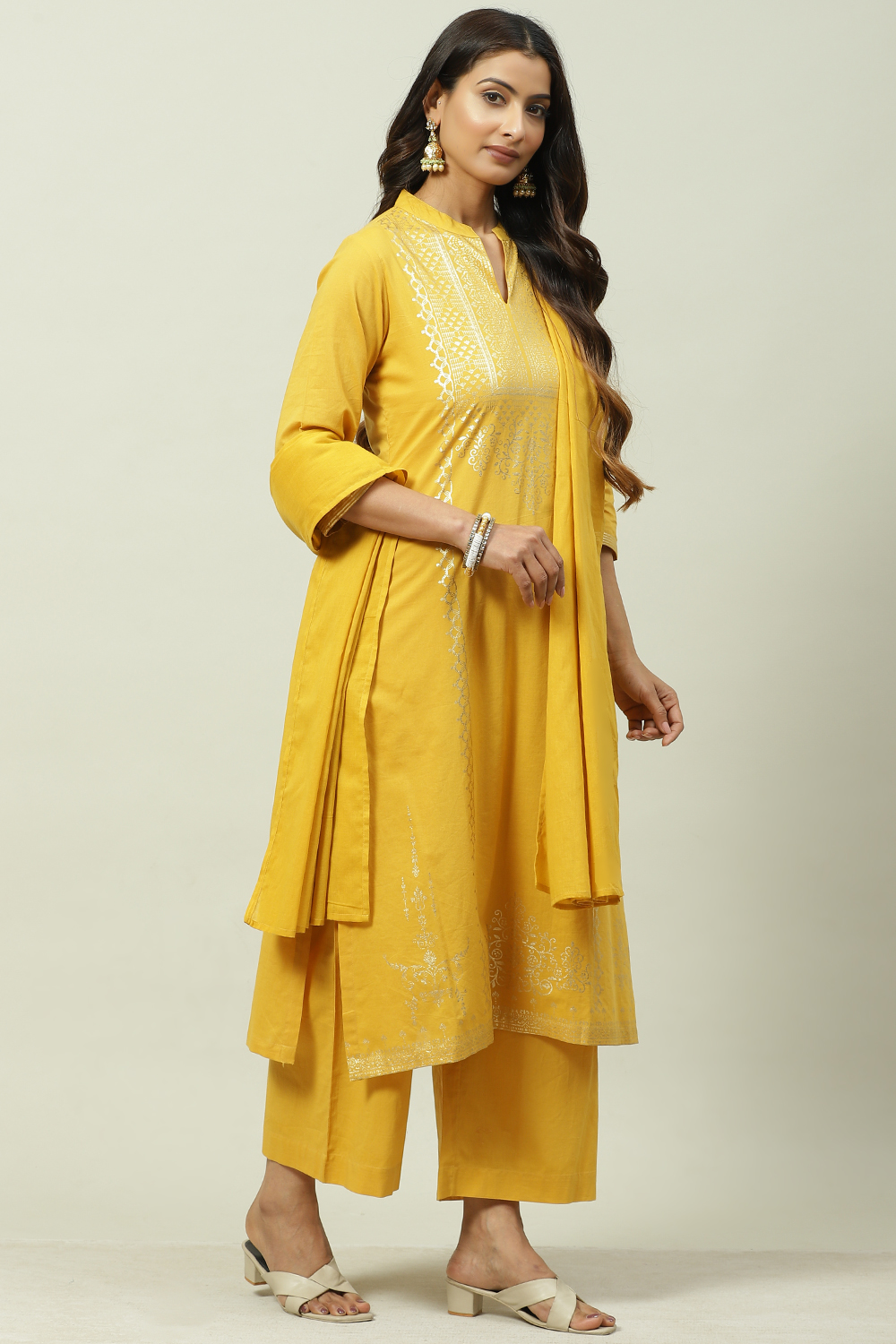 Mustard Printed Cotton Straight Kurta Palazzo Suit Set image number 6