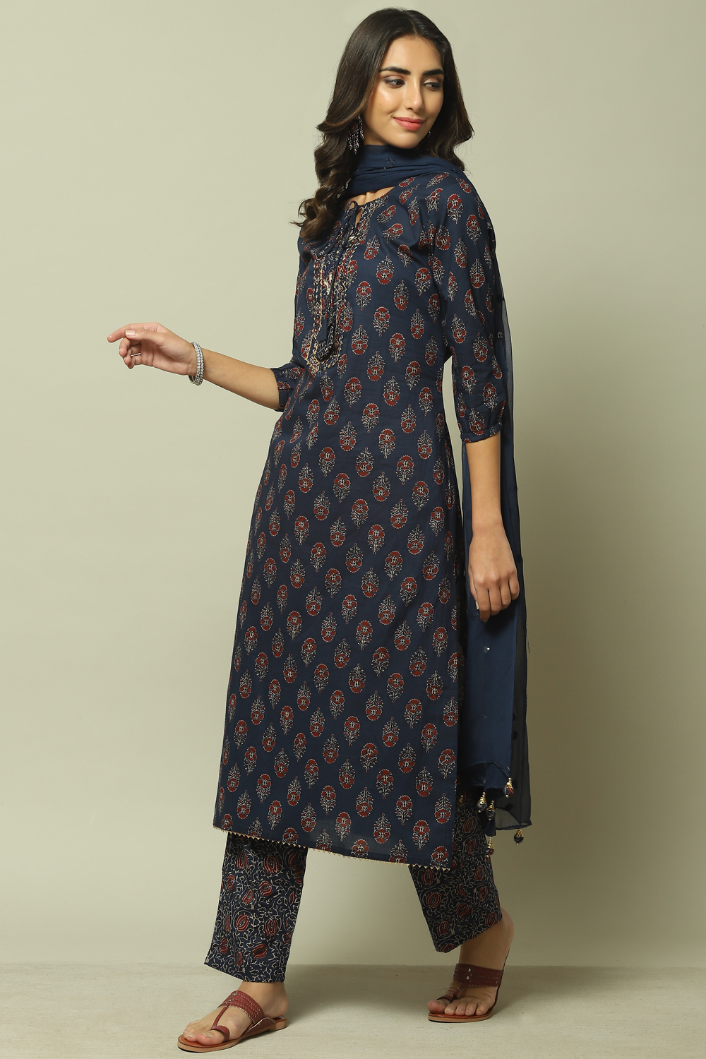 Indigo Cotton Hand Block Print Unstitched Suit Set image number 3