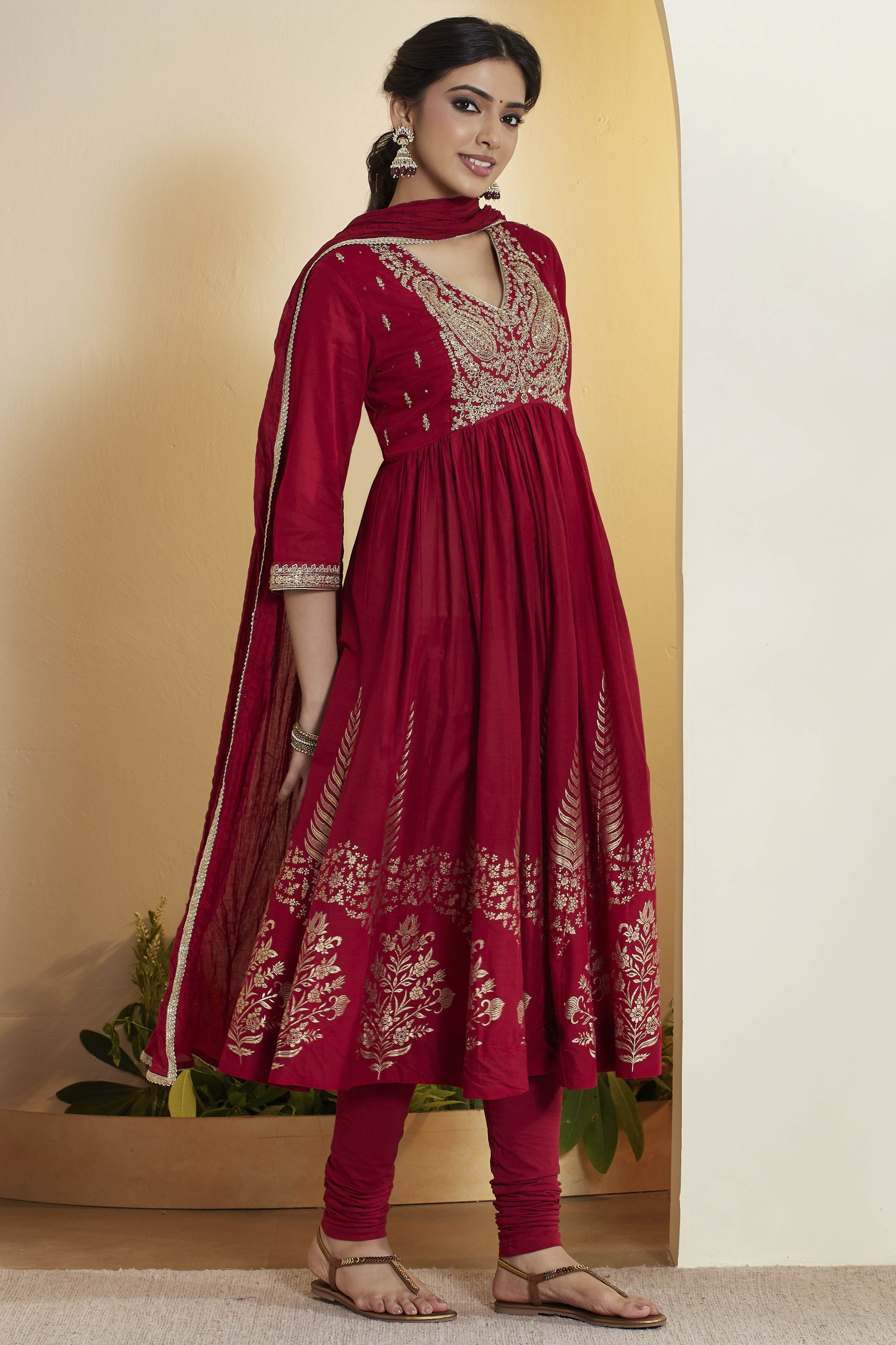Red Cotton Anarkali Suit Set image number 5