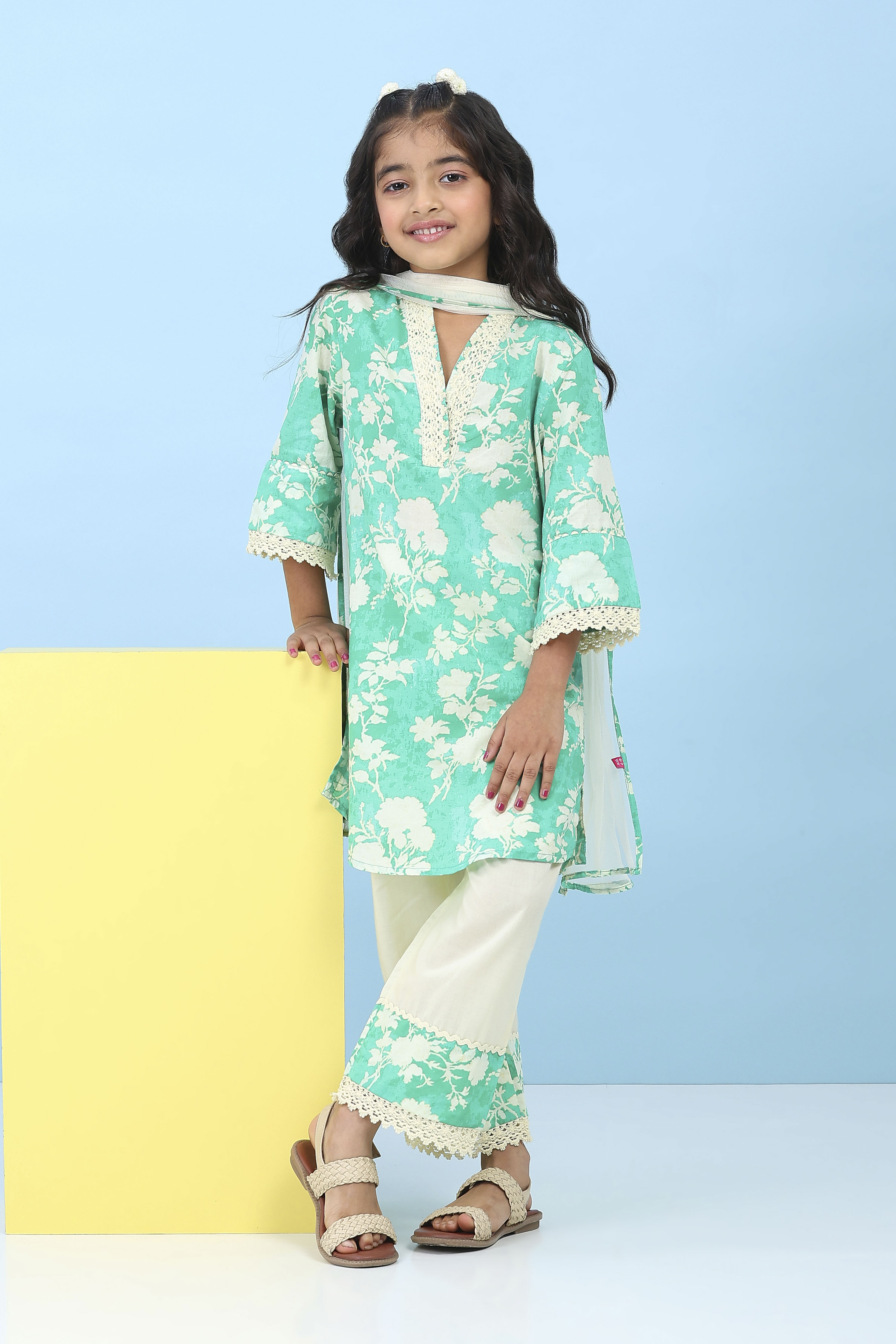 Green Cotton Printed Straight Suit Set image number 5