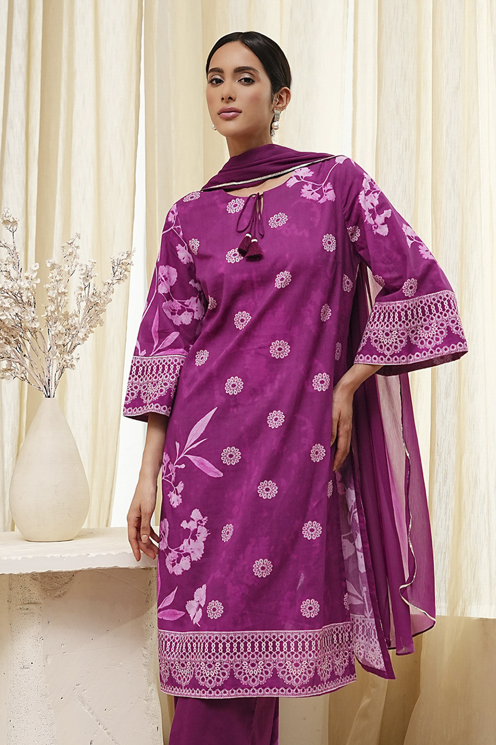 Berry Purple Cotton Straight Suit Set image number 7