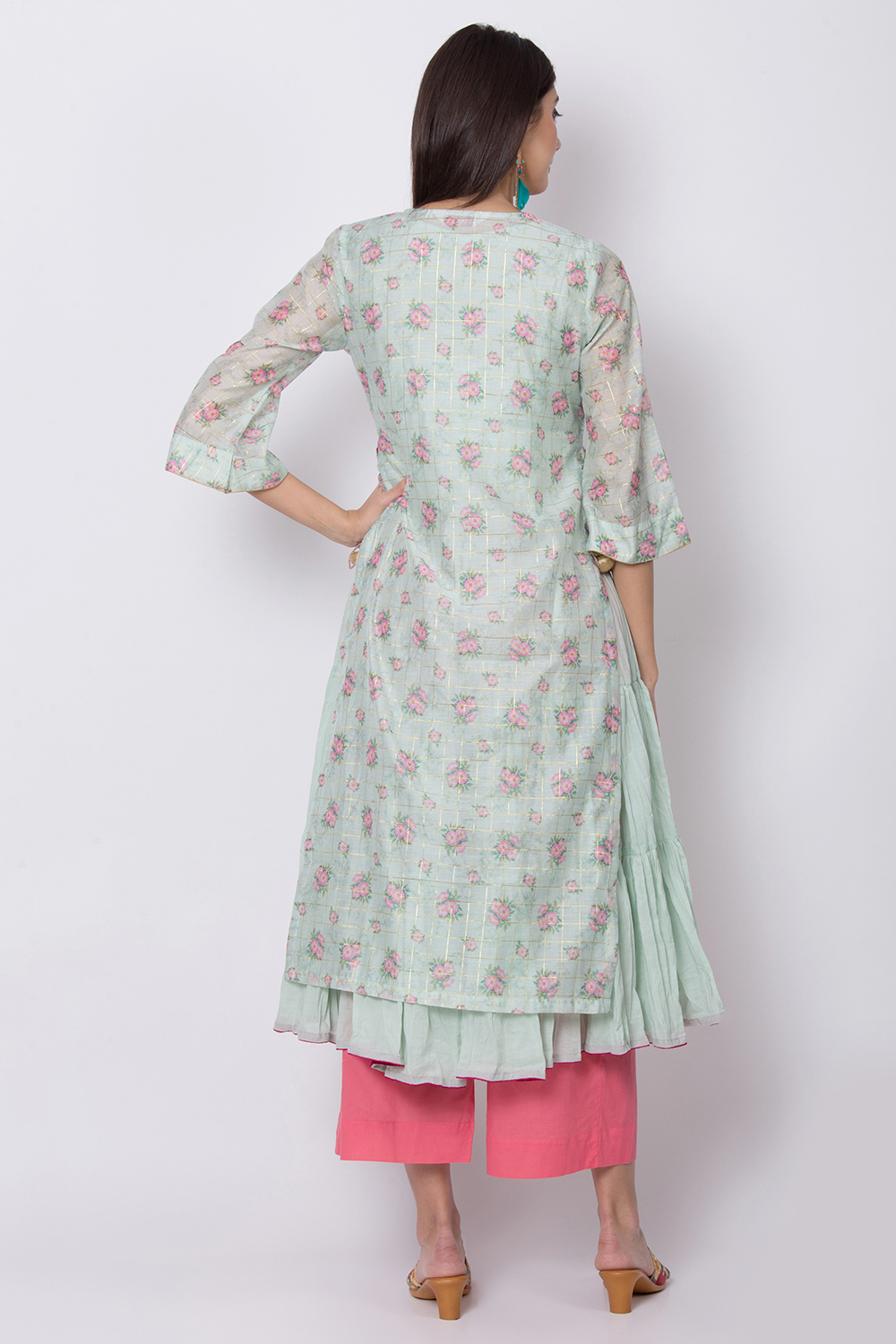 Mint Green Poly Metallic Cotton Flared Printed Kurta image number 6