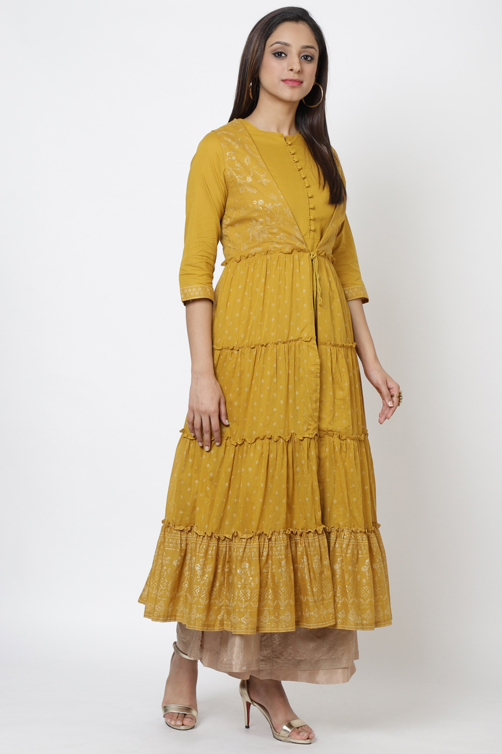 Mustard Cotton Flared Printed Kurta image number 4