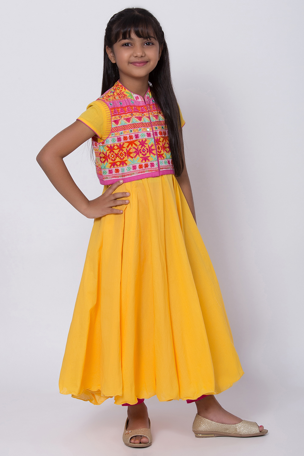 Yellow Cotton Anarkali Kurta Churidar Suit Set image number 4