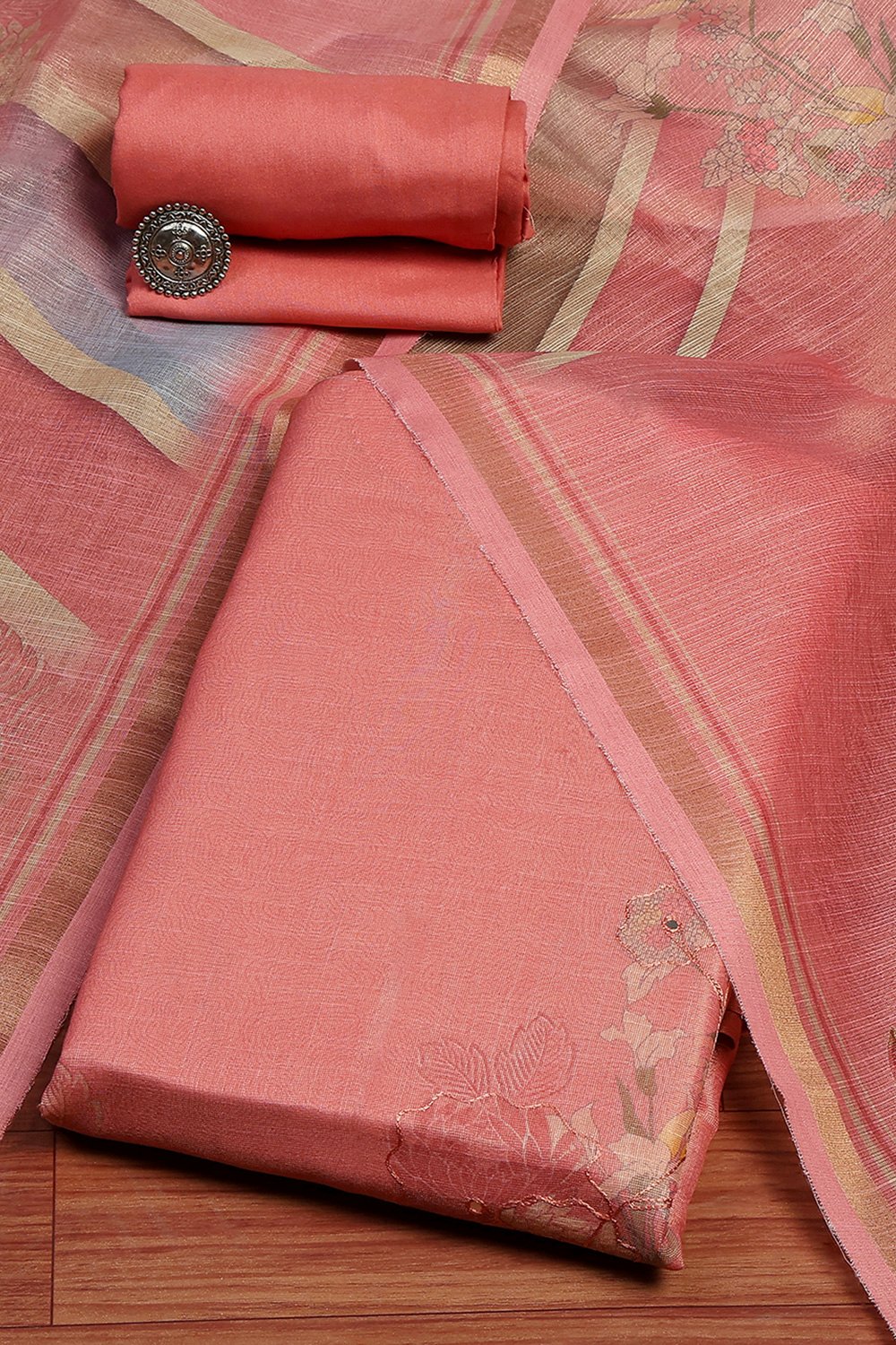 Maroon Linen Printed Embroidered Unstitched Suit Set image number 0
