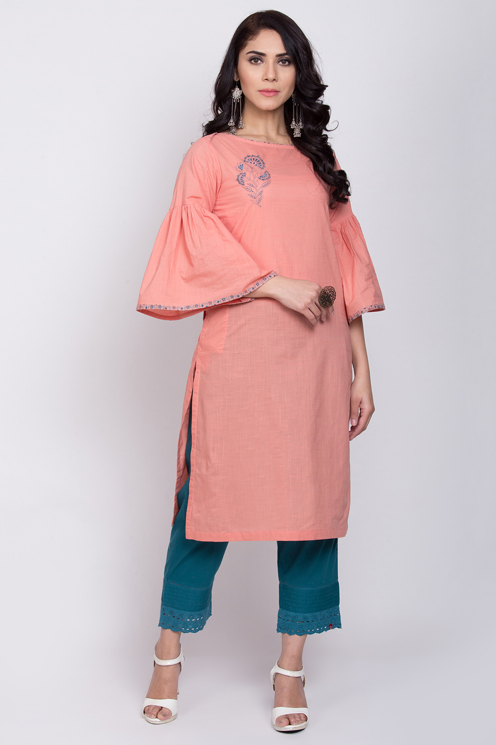 Peach Cotton Straight Kurta image number 2