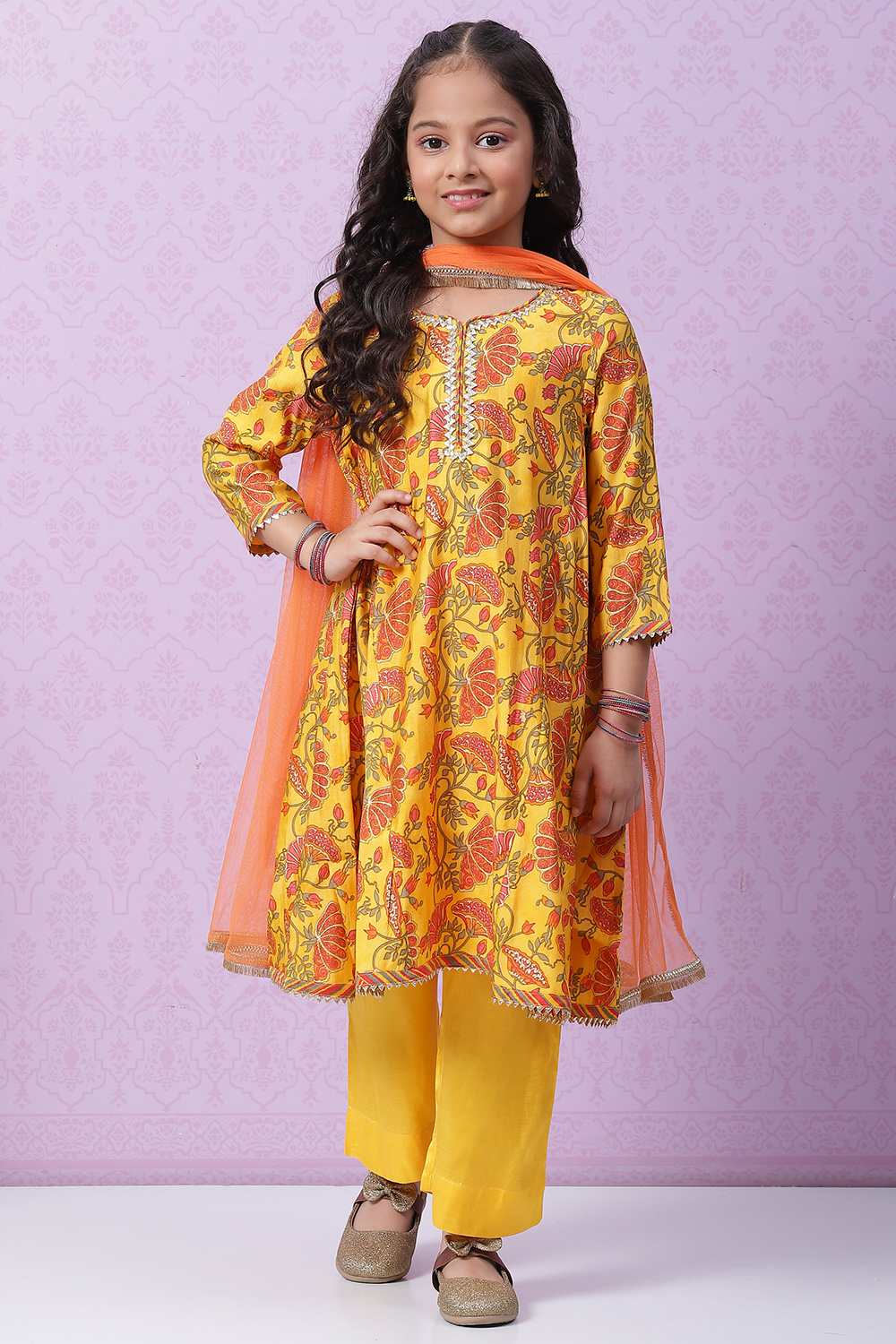 Yellow Poly Viscose Flared Straight Kurta Palazzo Suit Set image number 0