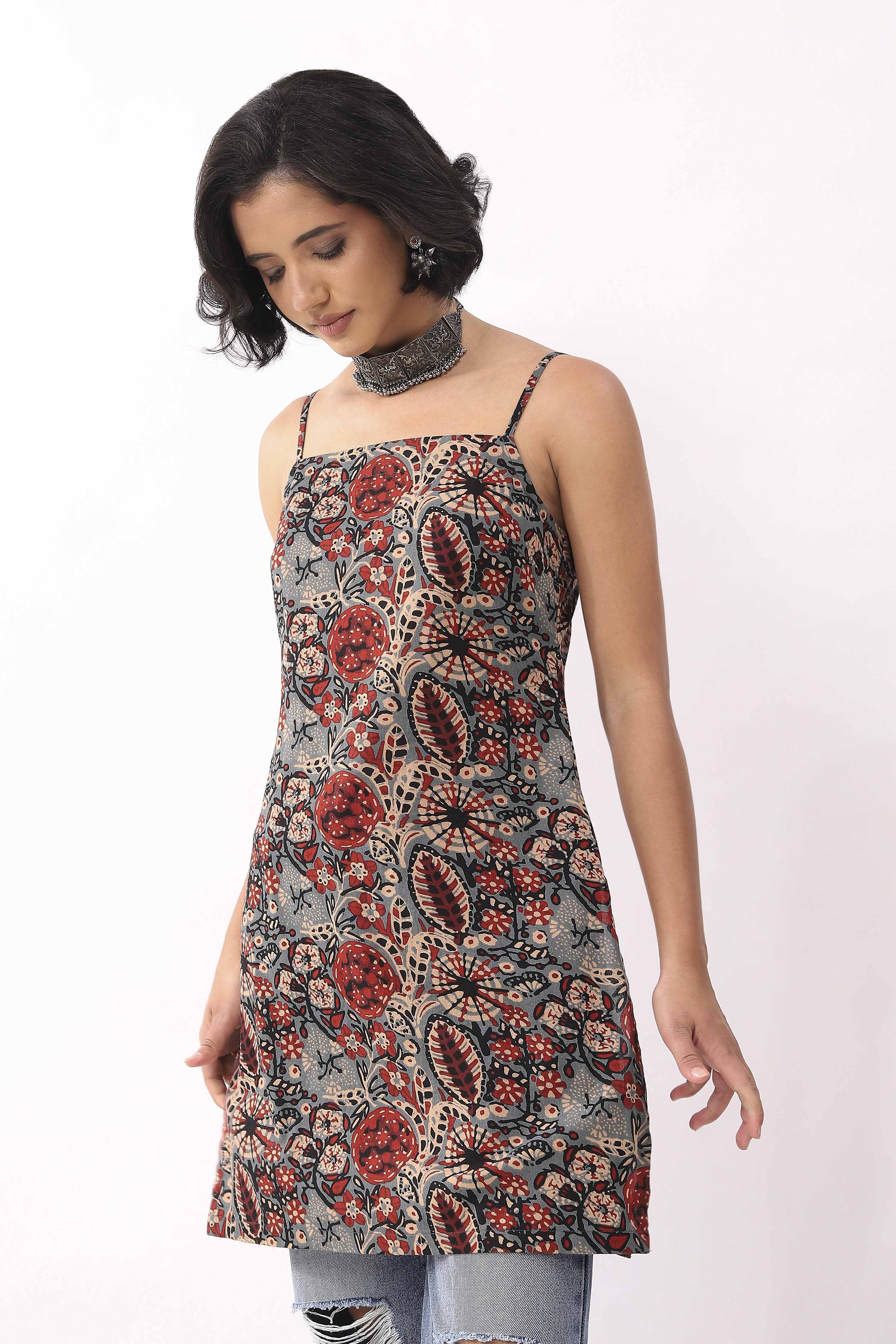 Blue Cotton Printed A Line Short Kurti image number 2