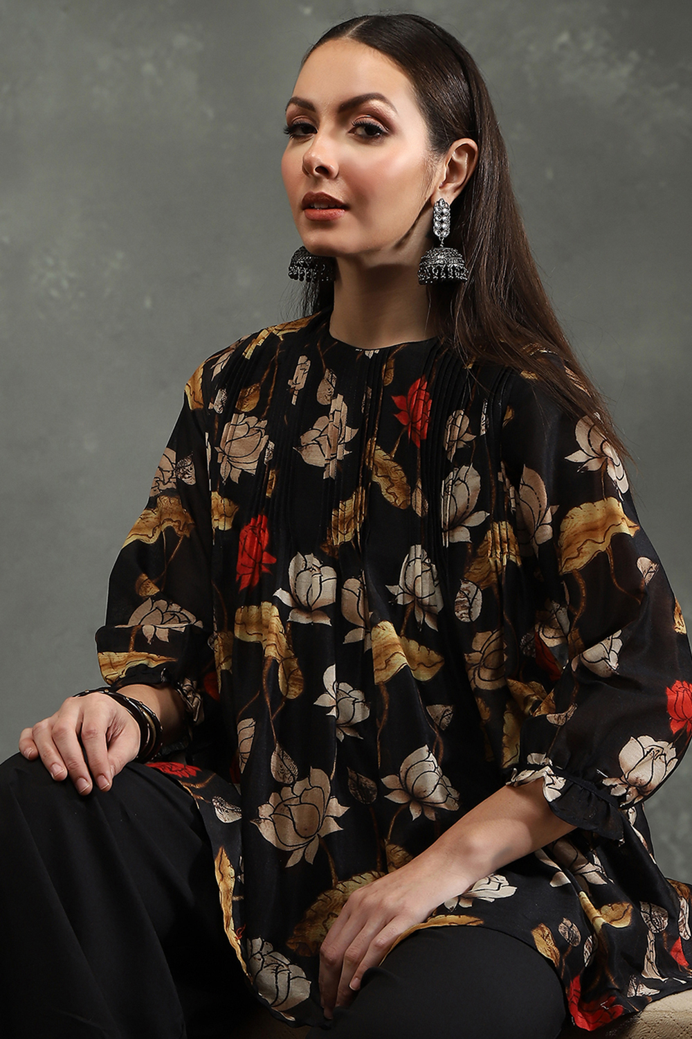 Cream-Colored Silk Chanderi Floral Printed Gathered Co-ord Set image number 1
