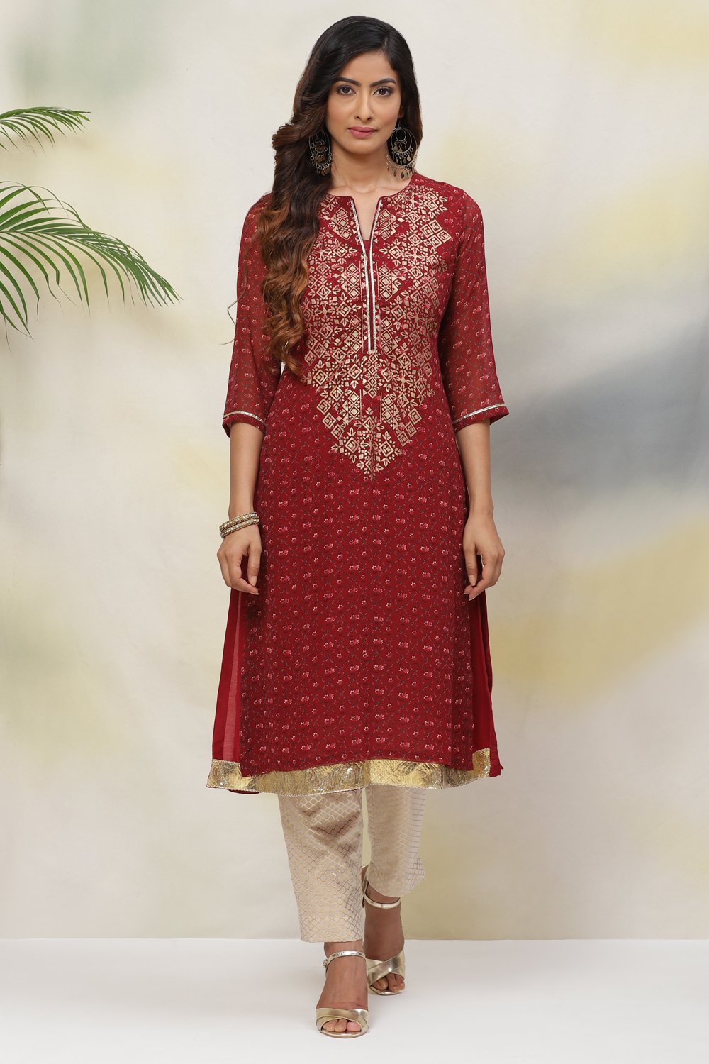 Rust Straight Art Silk Printed Kurta image number 0