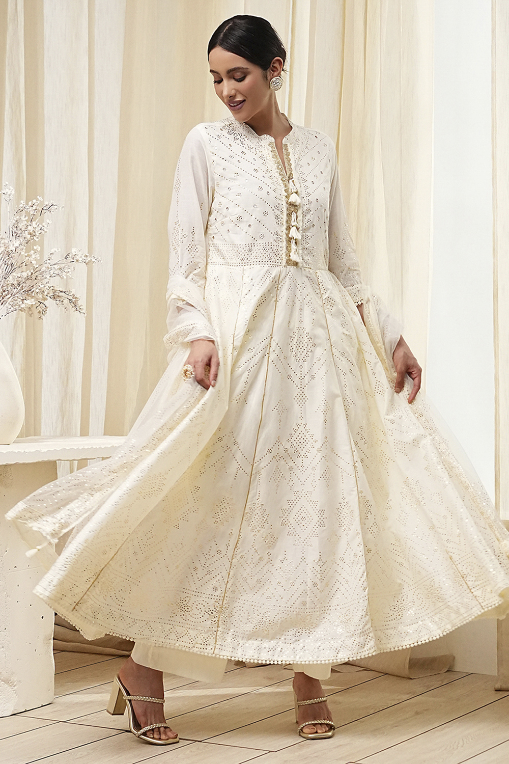 Off-White Cotton Embellished Anarkali Suit Set image number 0
