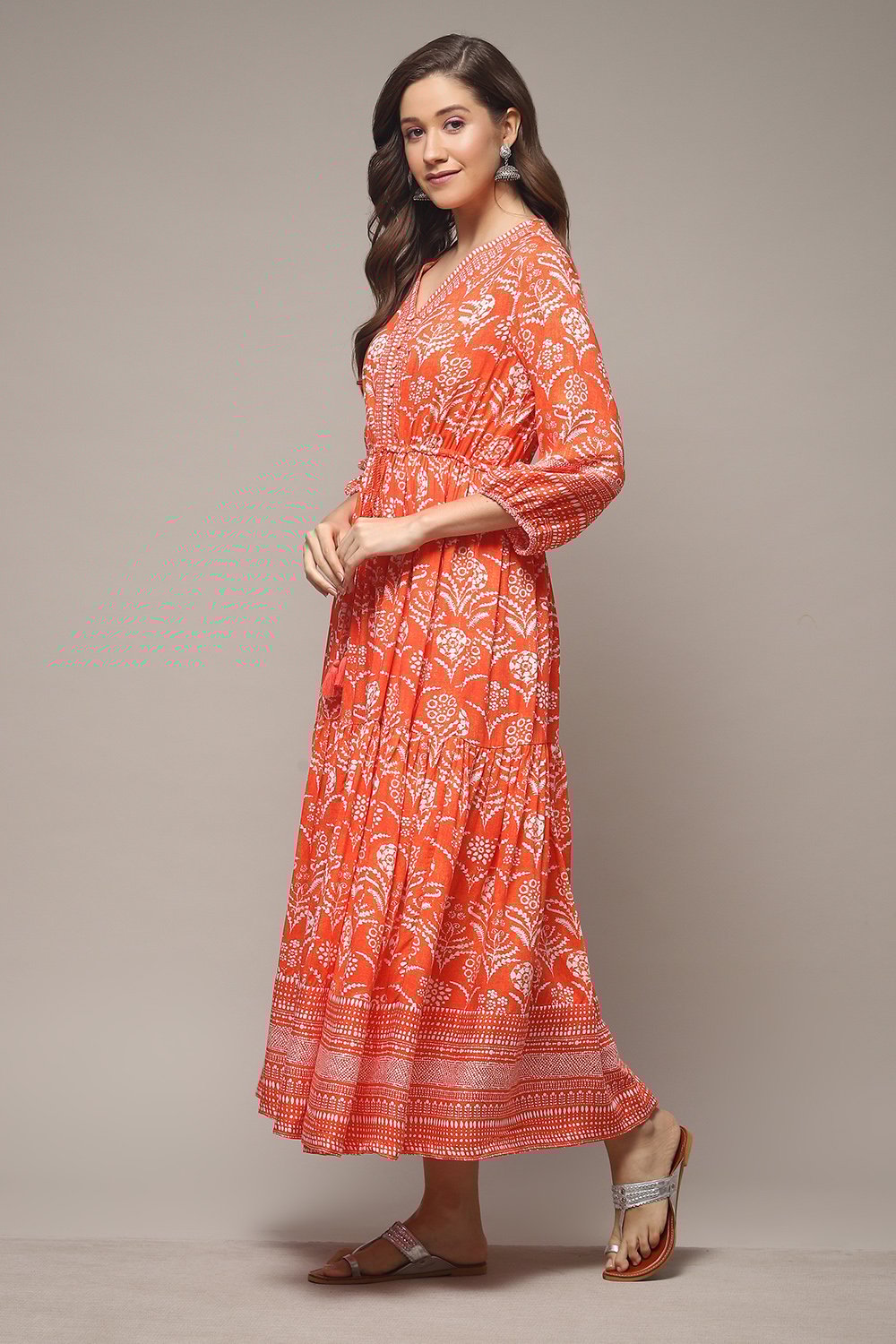 Orange Rayon Tiered Dress image number 3