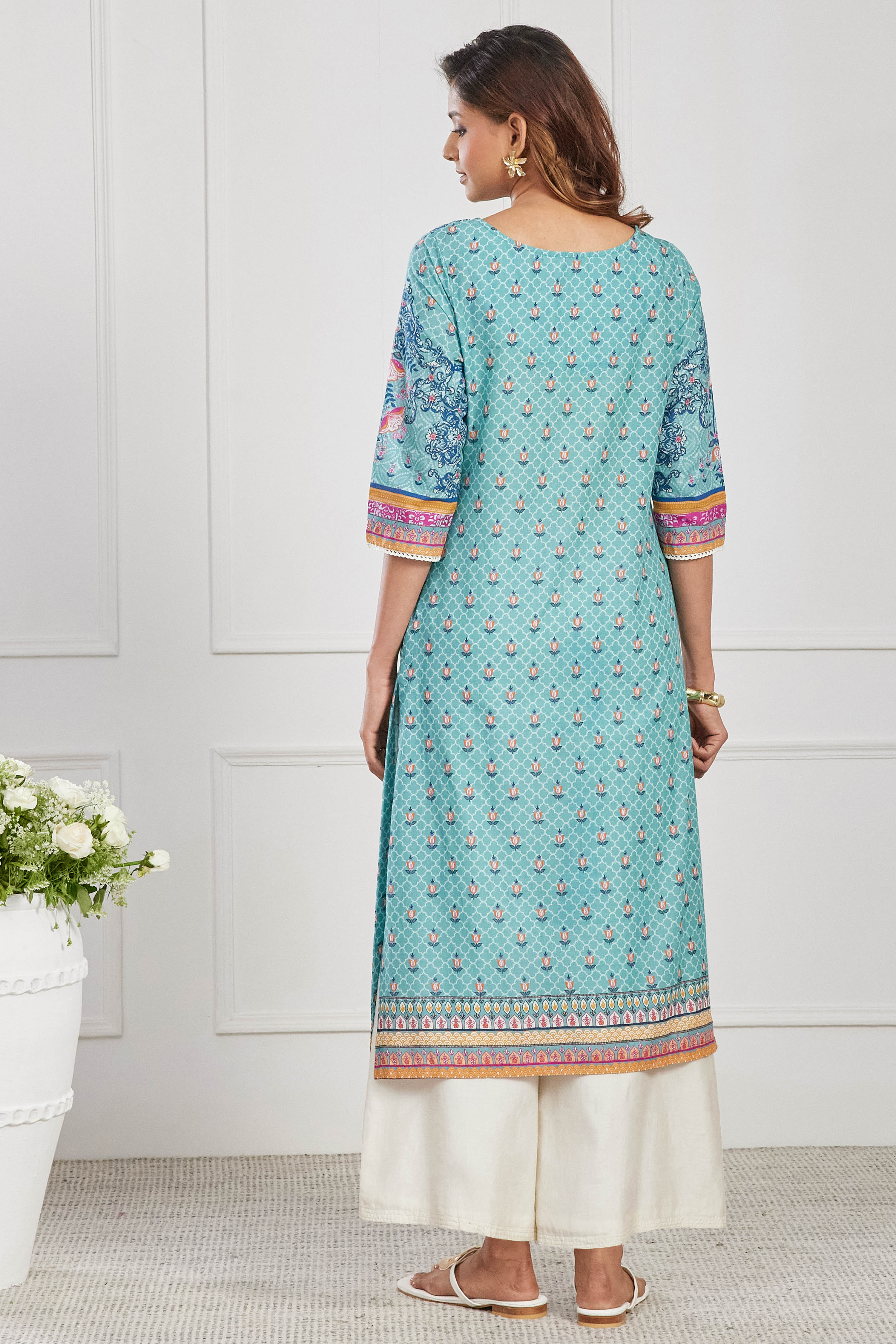 Pink Cotton Printed Straight Kurta image number 4