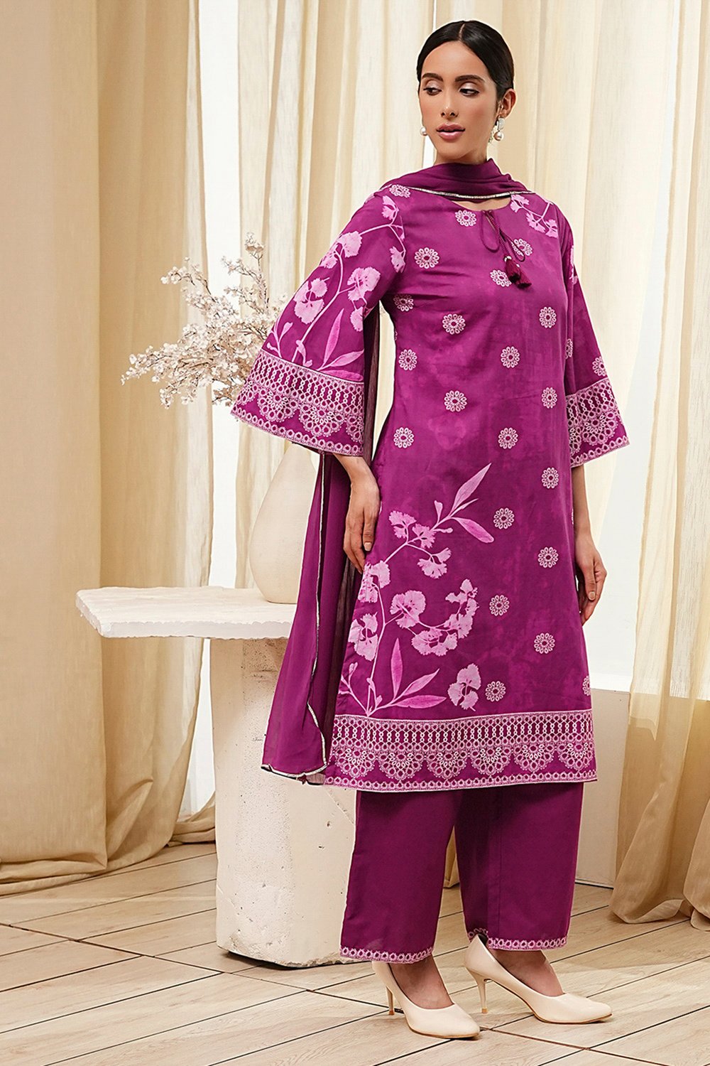 Berry Purple Cotton Straight Suit Set image number 5