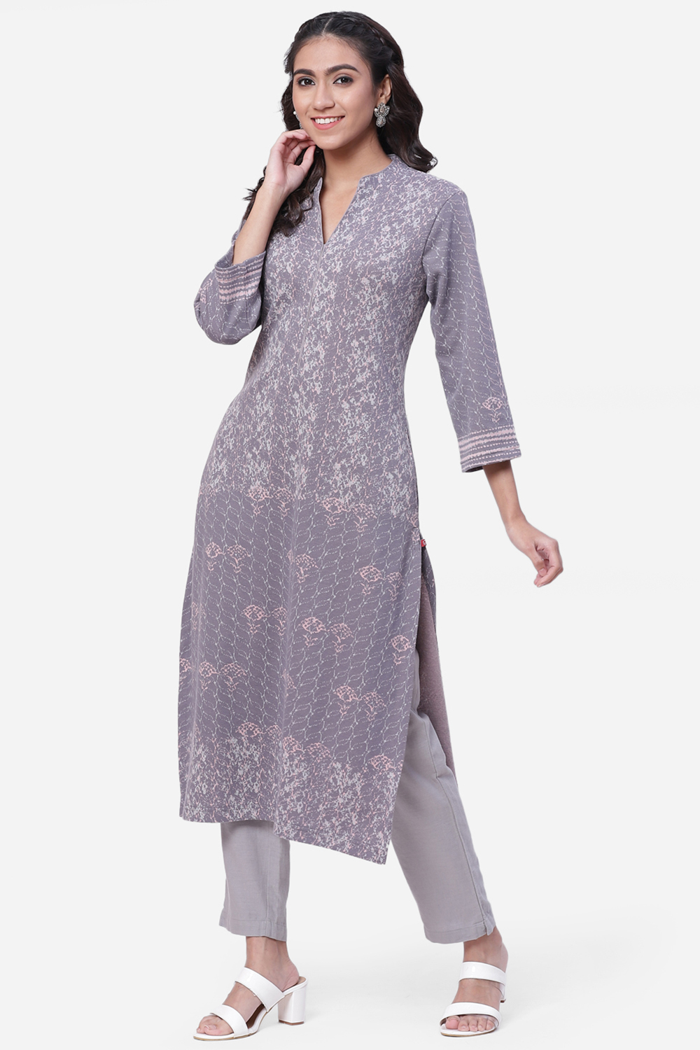 Grey Straight Poly Cotton Kurta image number 2