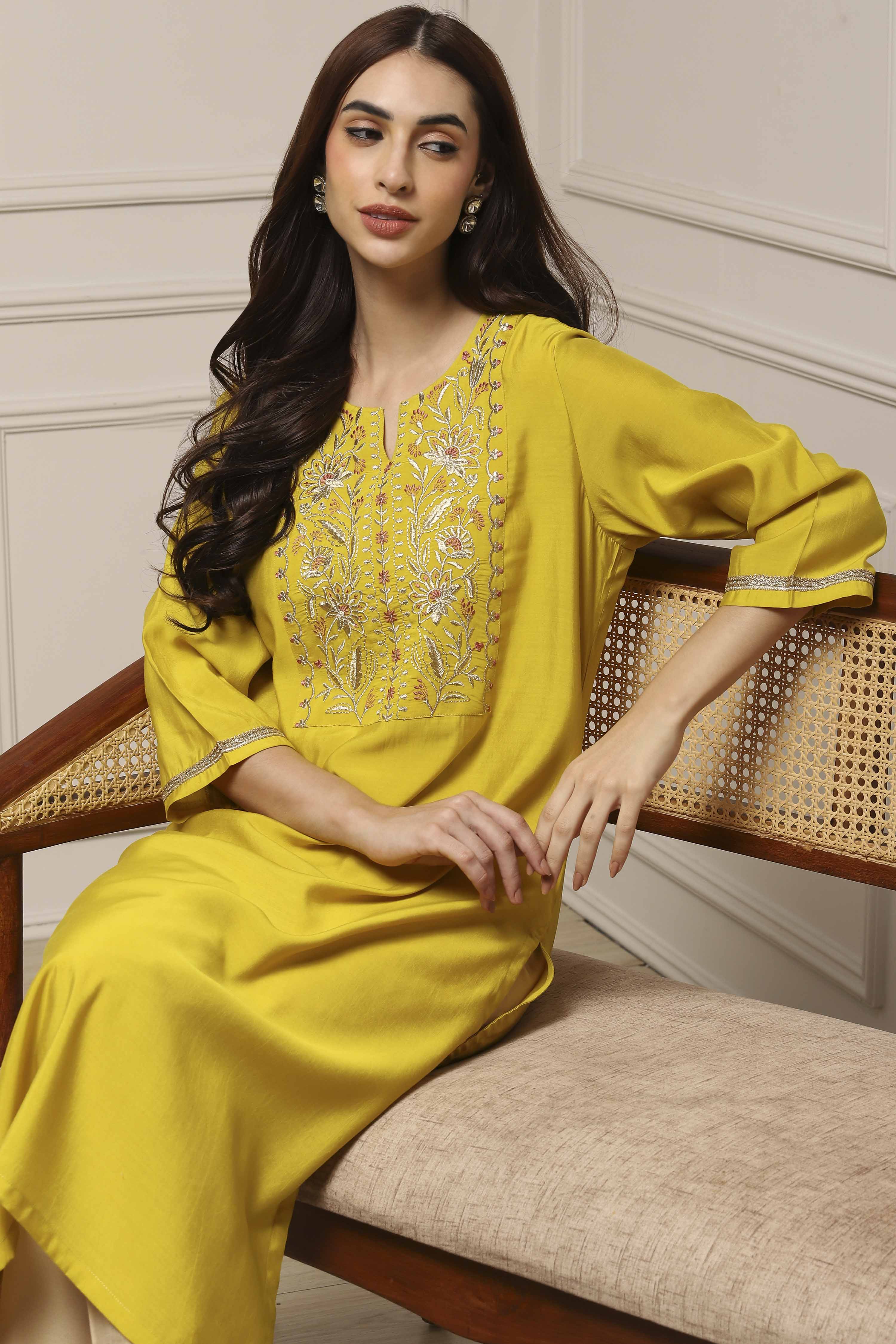 Lime Green Viscose Blend Straight Kurta image number 6