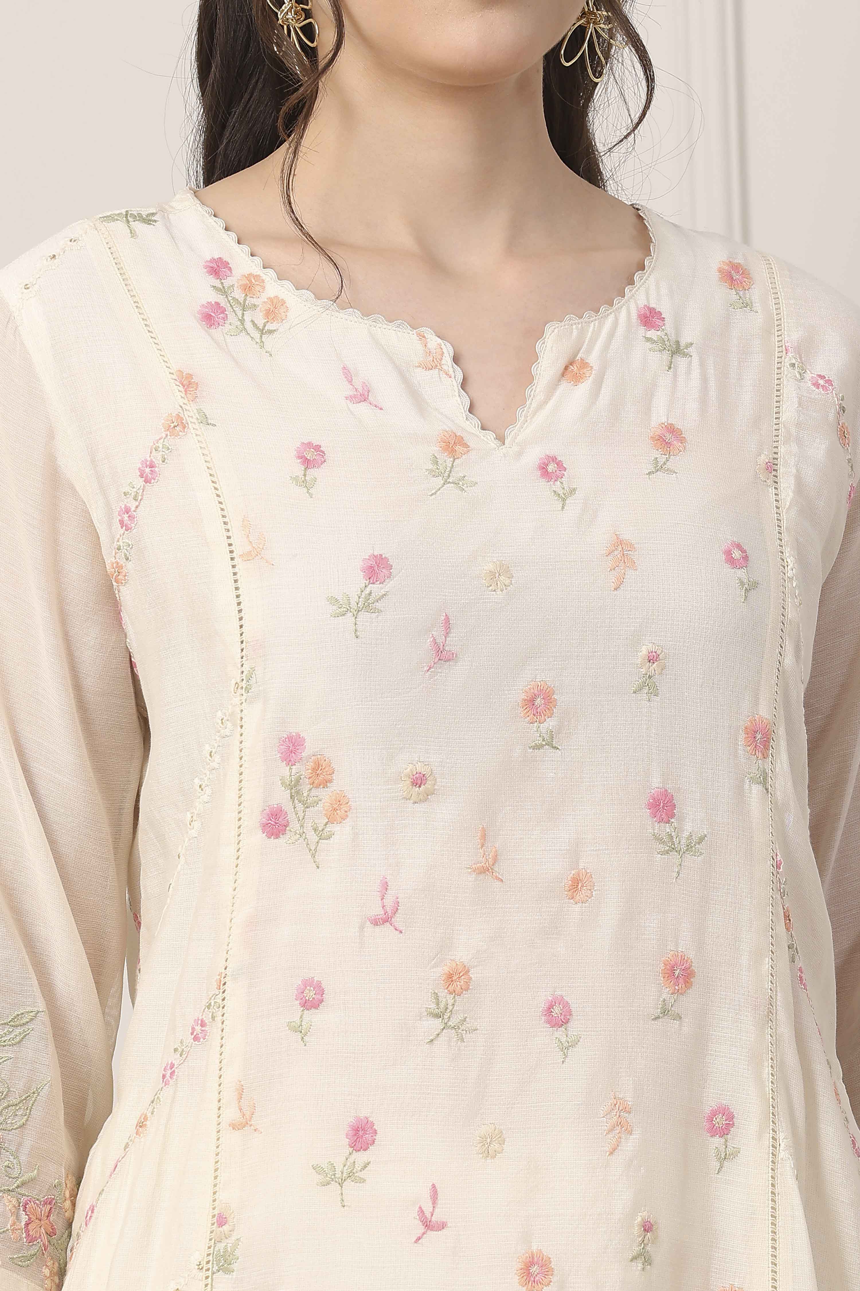 White Poly Chanderi Floral Printed Kalidar Suit Set image number 1