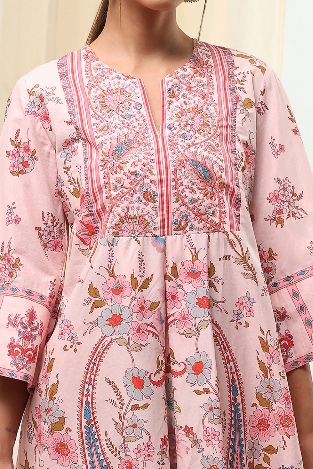 Peach-Colored Cotton Floral A-Line Kurta Set image number 1
