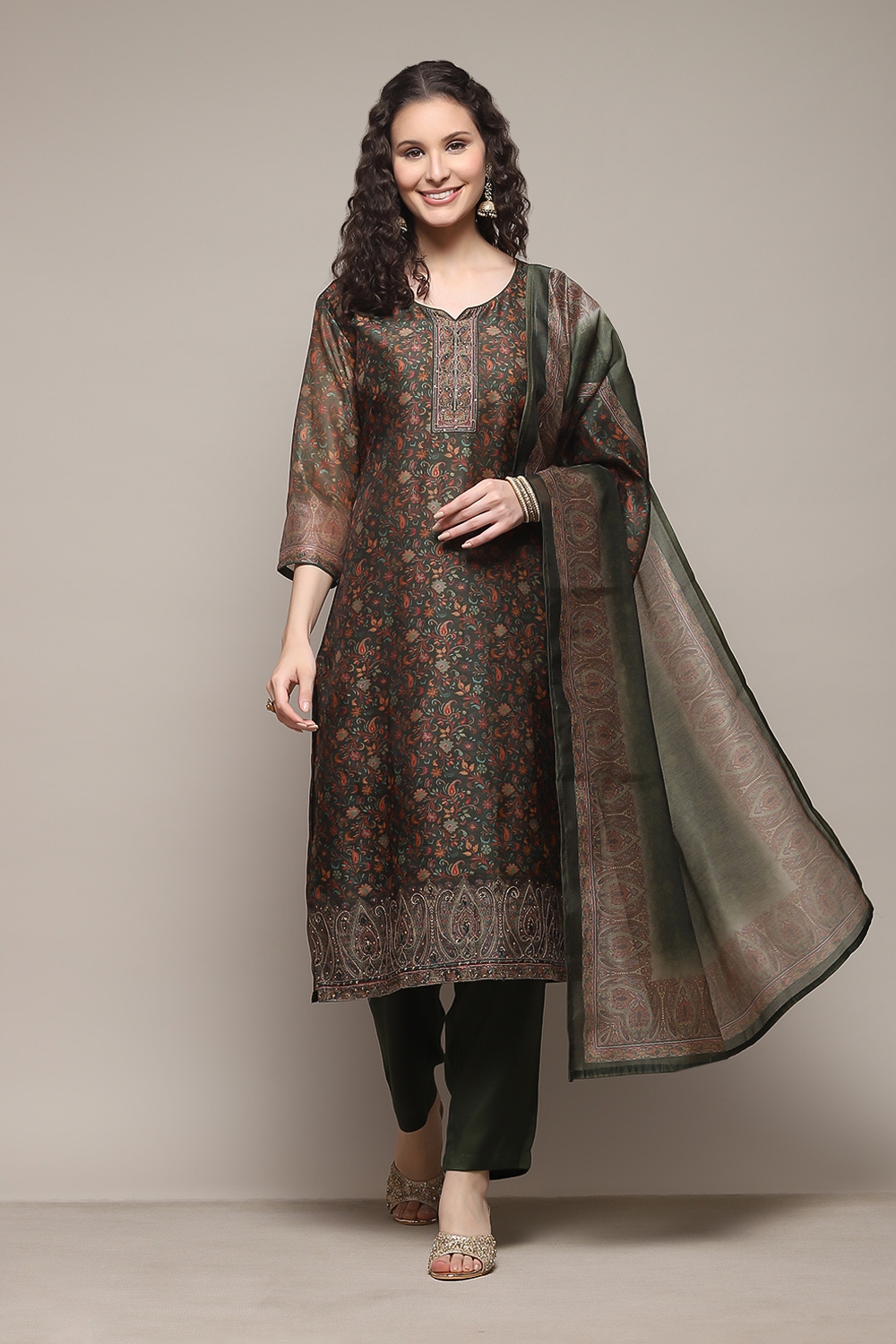 Green Chanderi Unstitched Suit Set image number 0