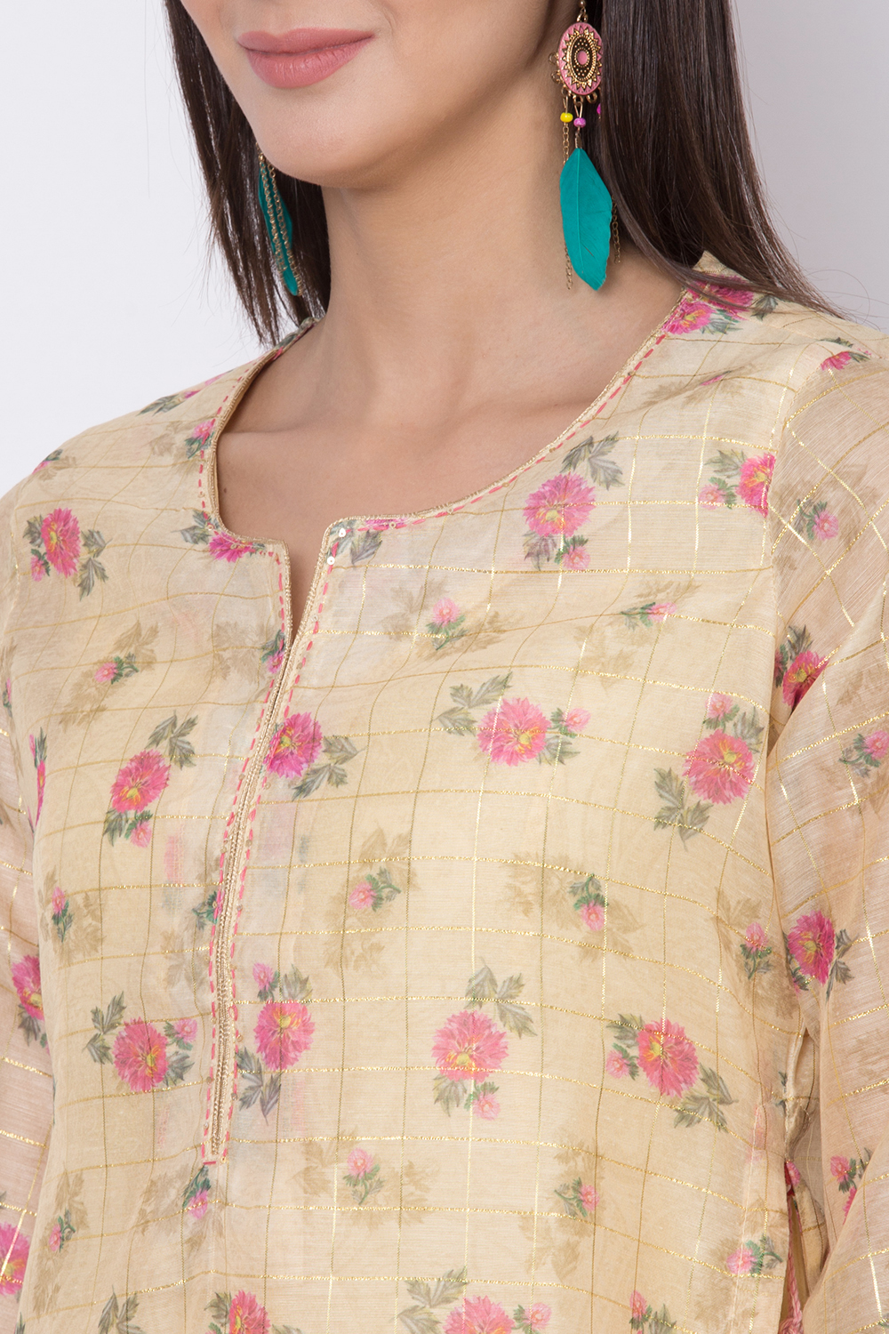 Yellow Poly Metallic Cotton Flared Printed Kurta image number 1