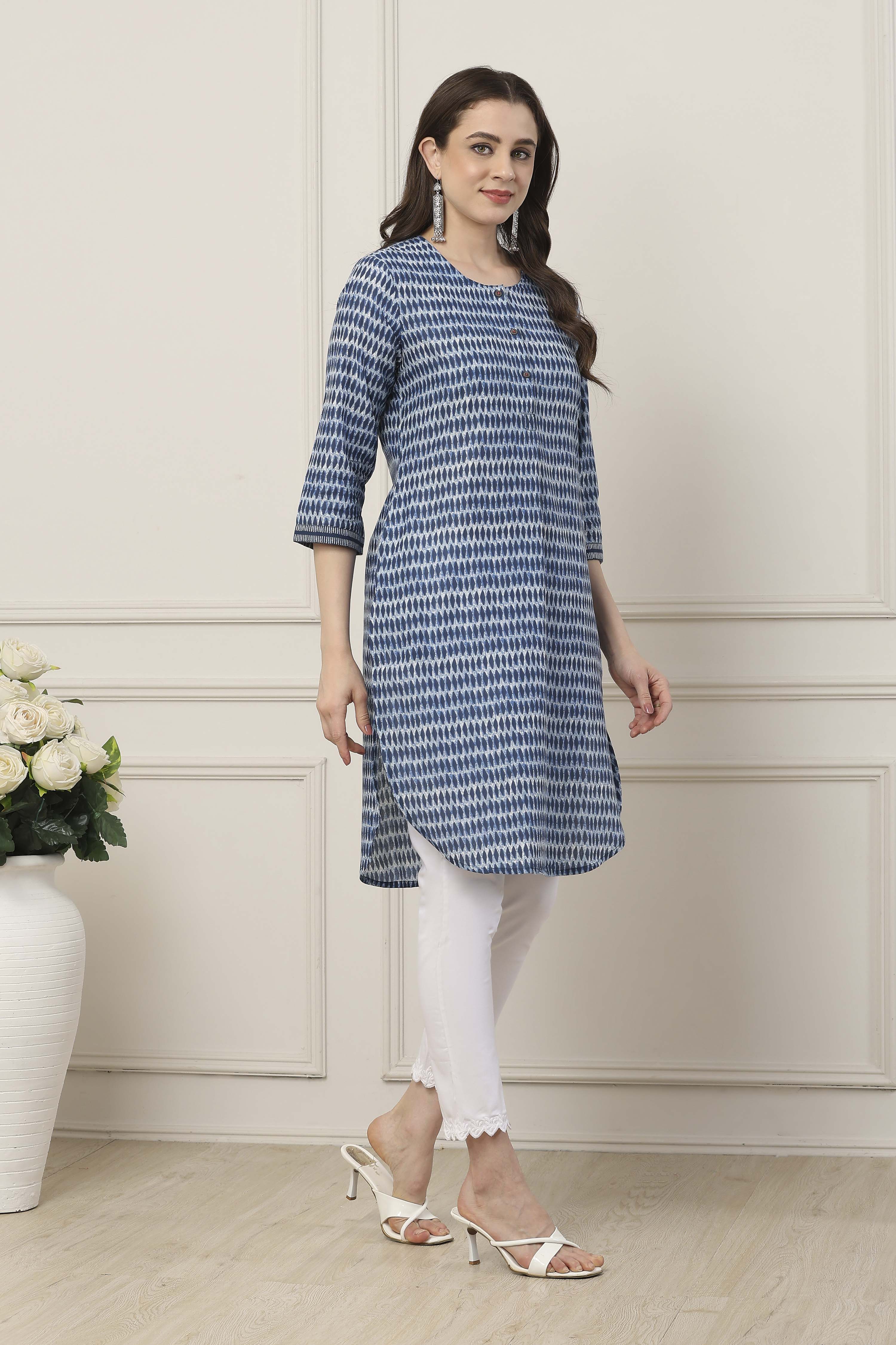 Indigo Blue Geometric Printed Straight Kurta image number 4