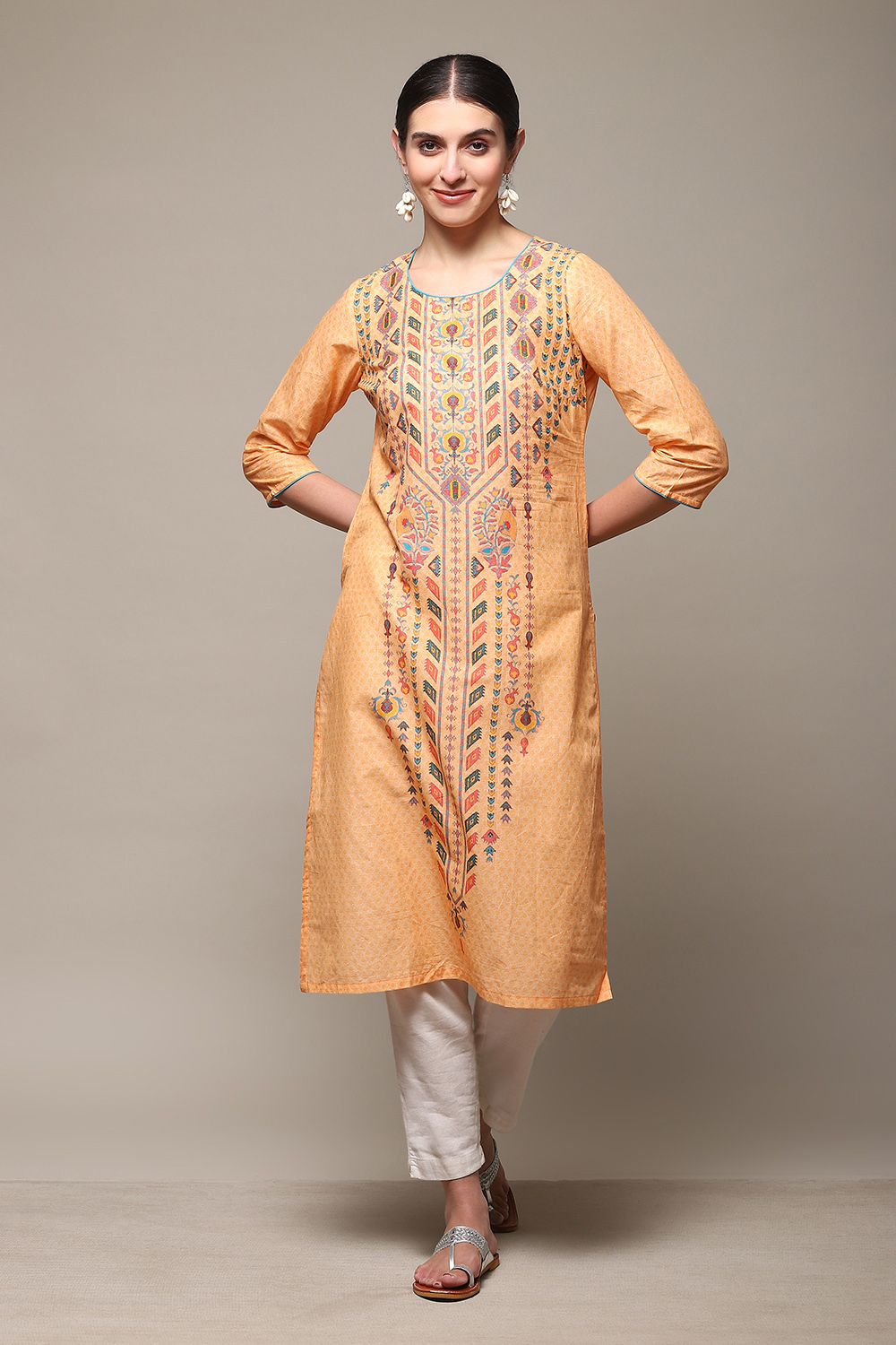 White Cotton Straight Printed Kurta image number 0