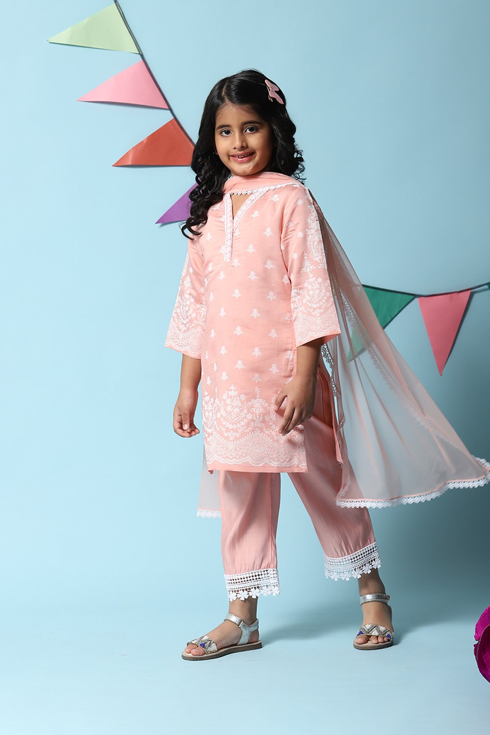 Pink Cotton Blend A-Line Kurta Sharara Suit Set image number 6
