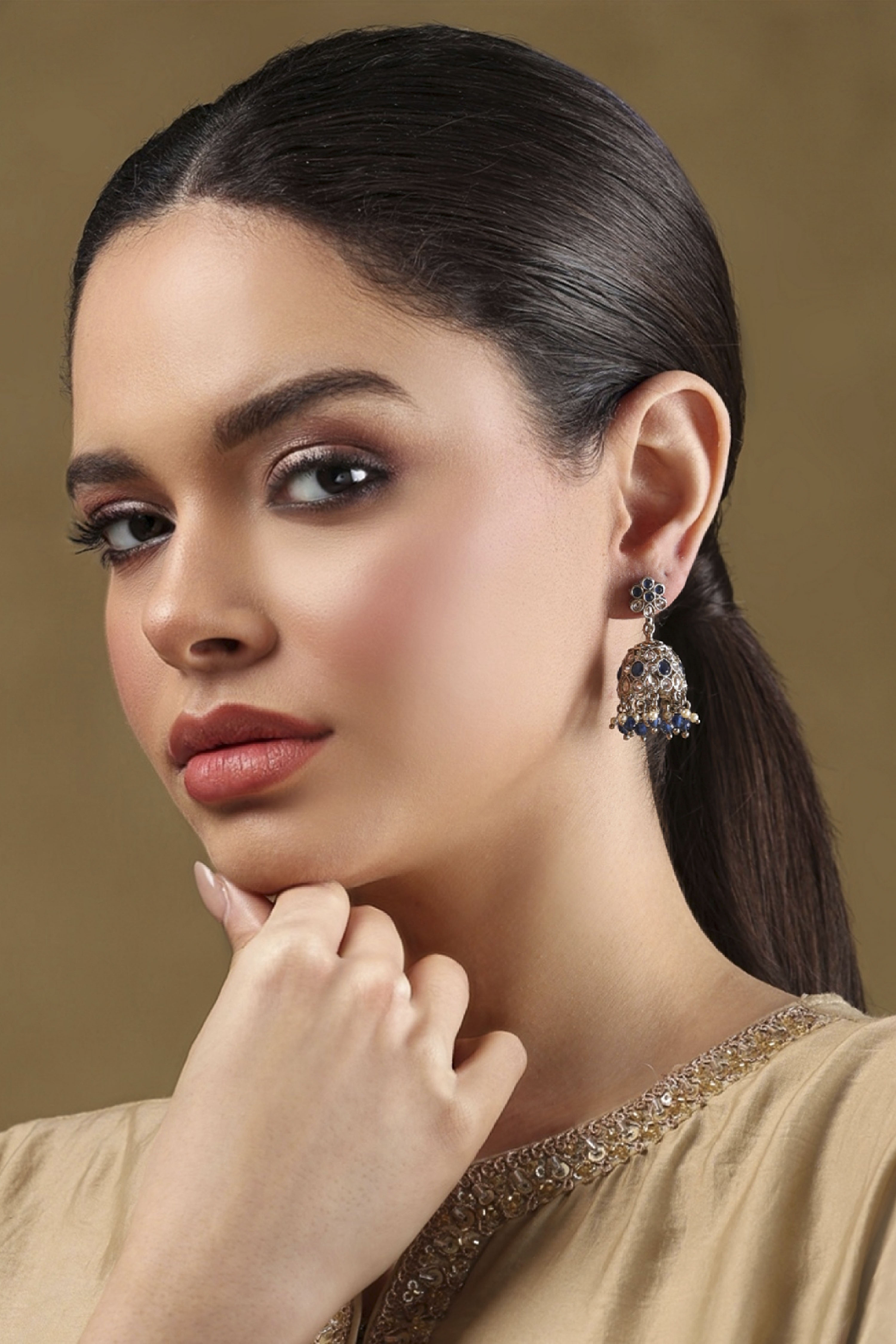 Navy Blue Gold Plated Alloy Studded Jhumkas image number 3