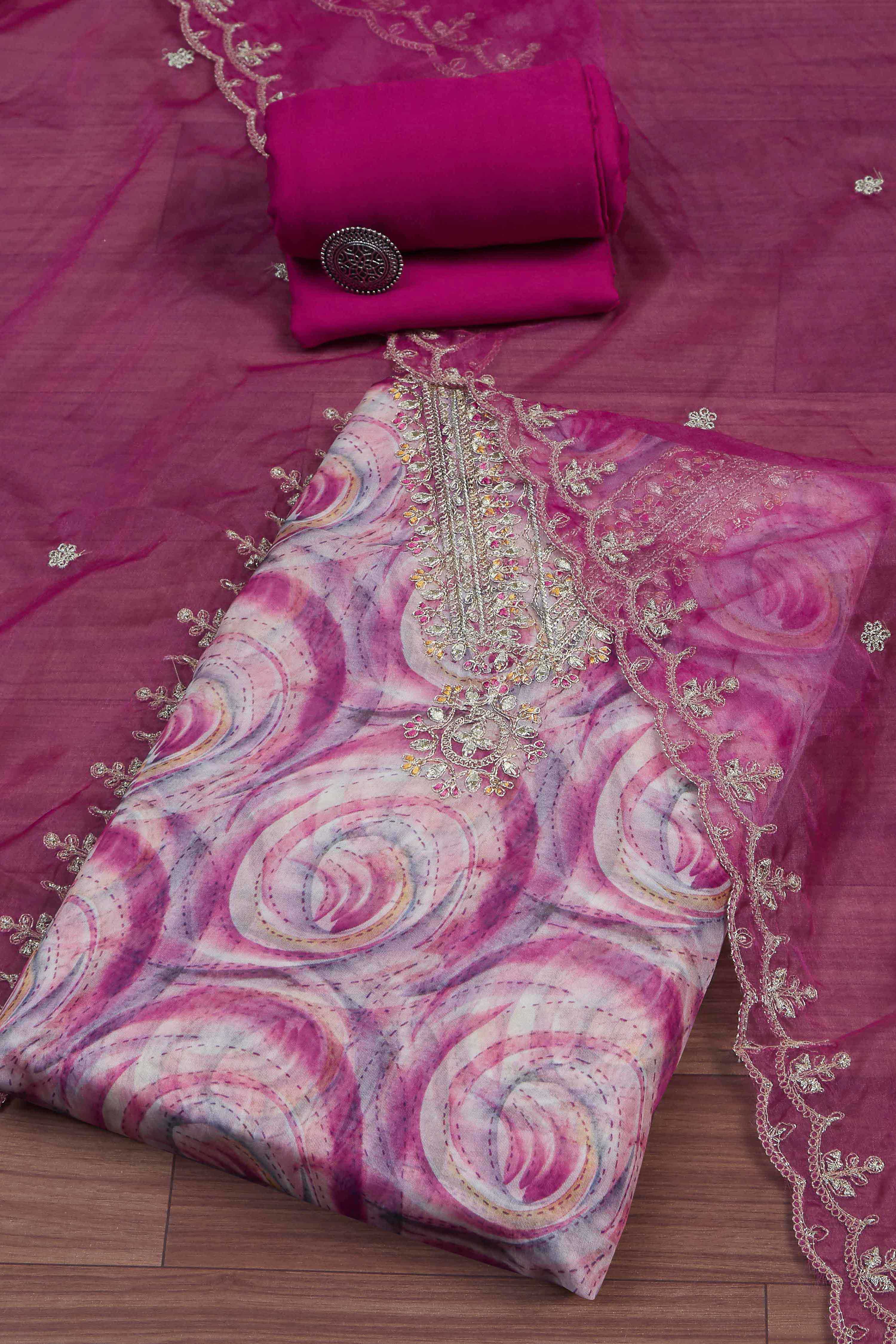 Pink Organza Rajasthani Print Unstitched Suit Set image number 0