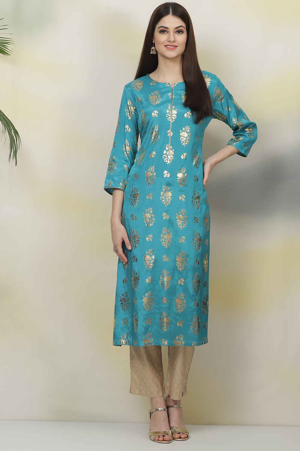 Teal Straight Viscose Kurta image number 3