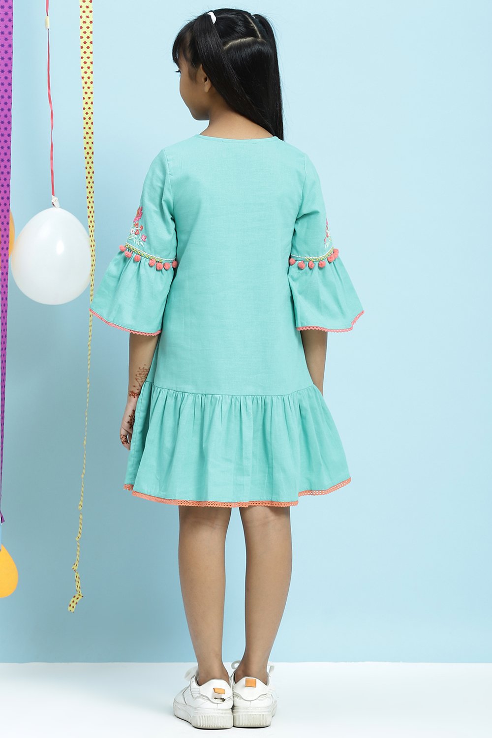 Turquoise Flared Cotton Flax Dress image number 4