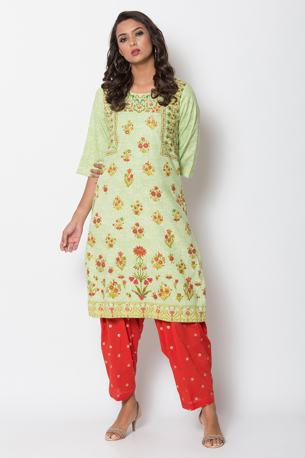 Green Metallic Cotton Straight Printed Kurta image number 2