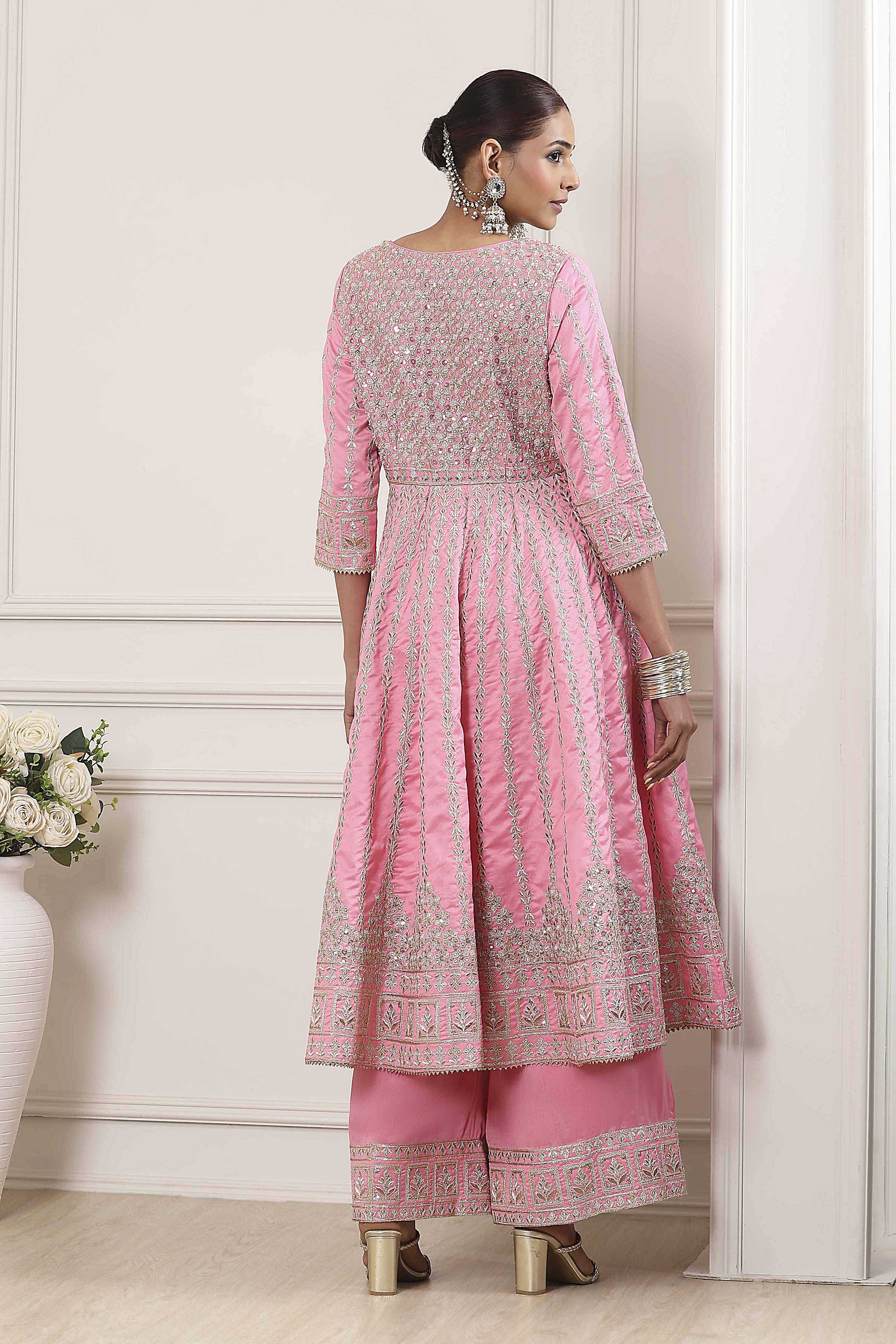 Rose Pink Cotton Silk Embroidered Anarkali Suit Set image number 4