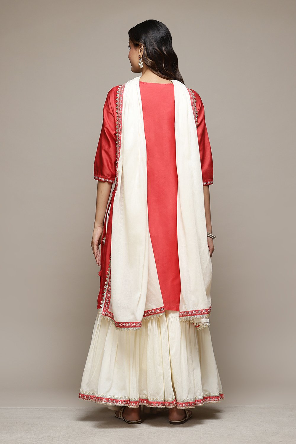 Red & Off White Cotton Blend Straight Kurta Suit Set image number 4
