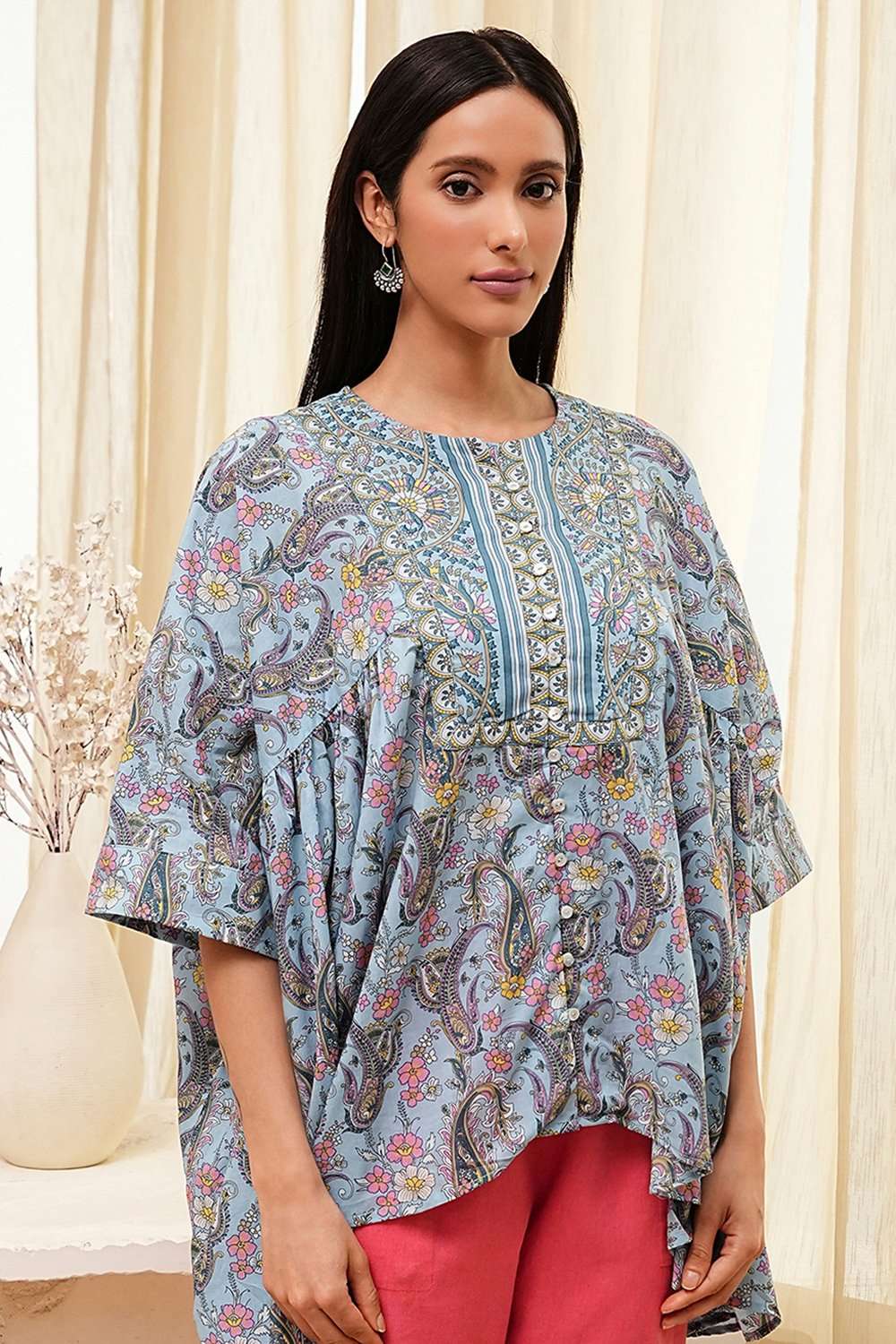 Dull Blue Cotton Flared Short Kurta image number 1