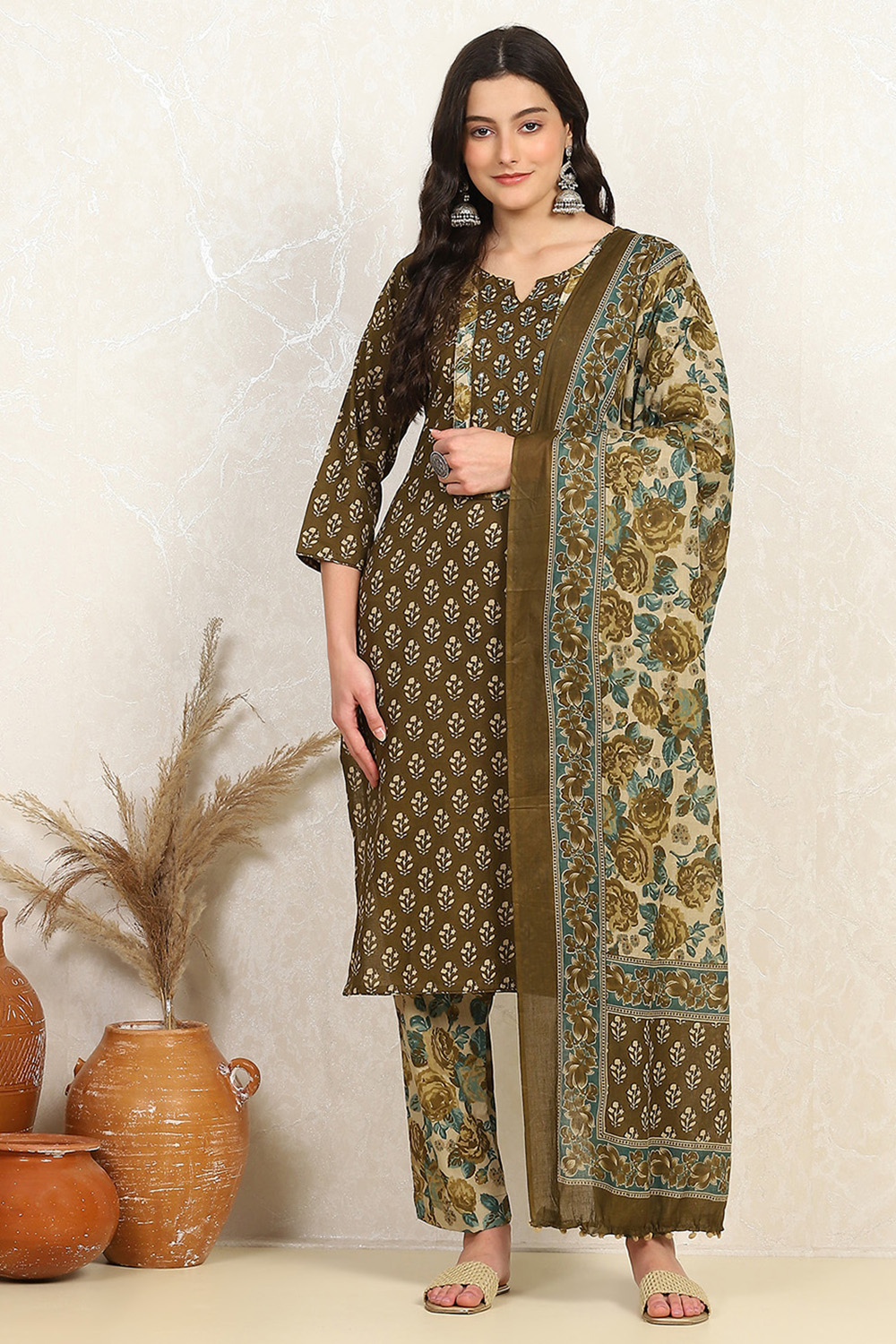 Rust Cotton Unstitched Suit Set image number 7