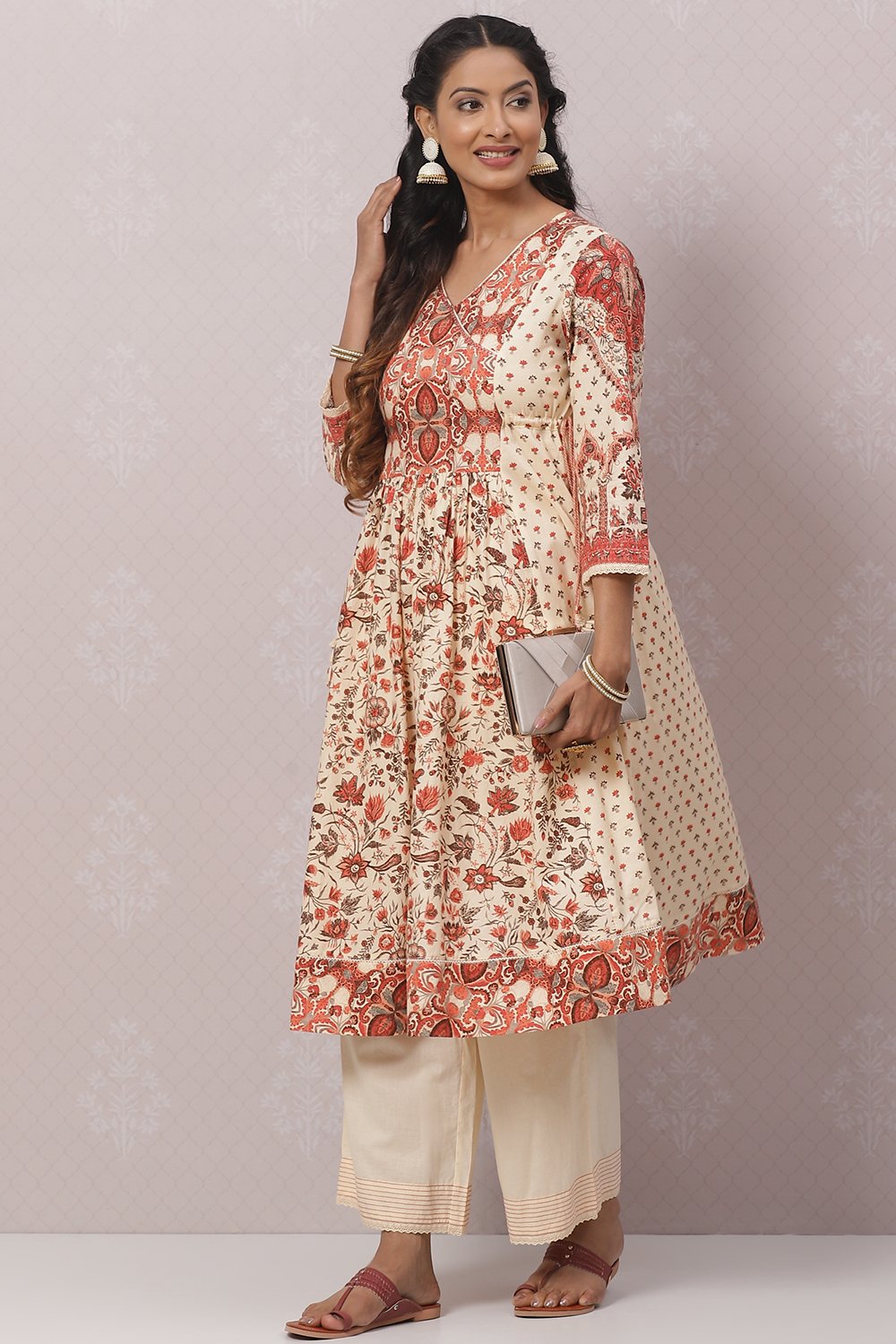 Cream Cotton Flared Kurta Set image number 6