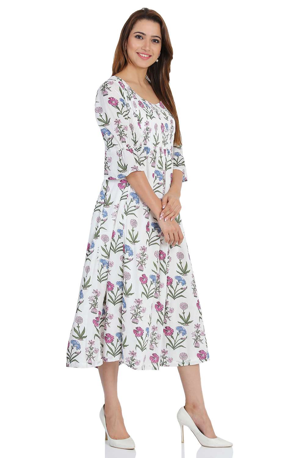 Off White Cotton Flared Printed Dress image number 3