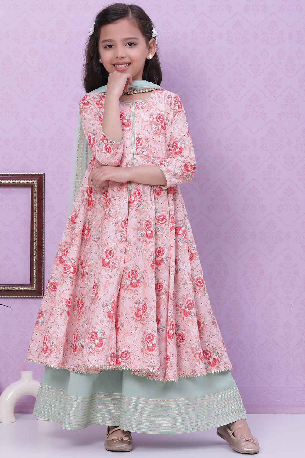 Pink Cotton Anarkali Straight Kurta Palazzo Suit Set image number 7