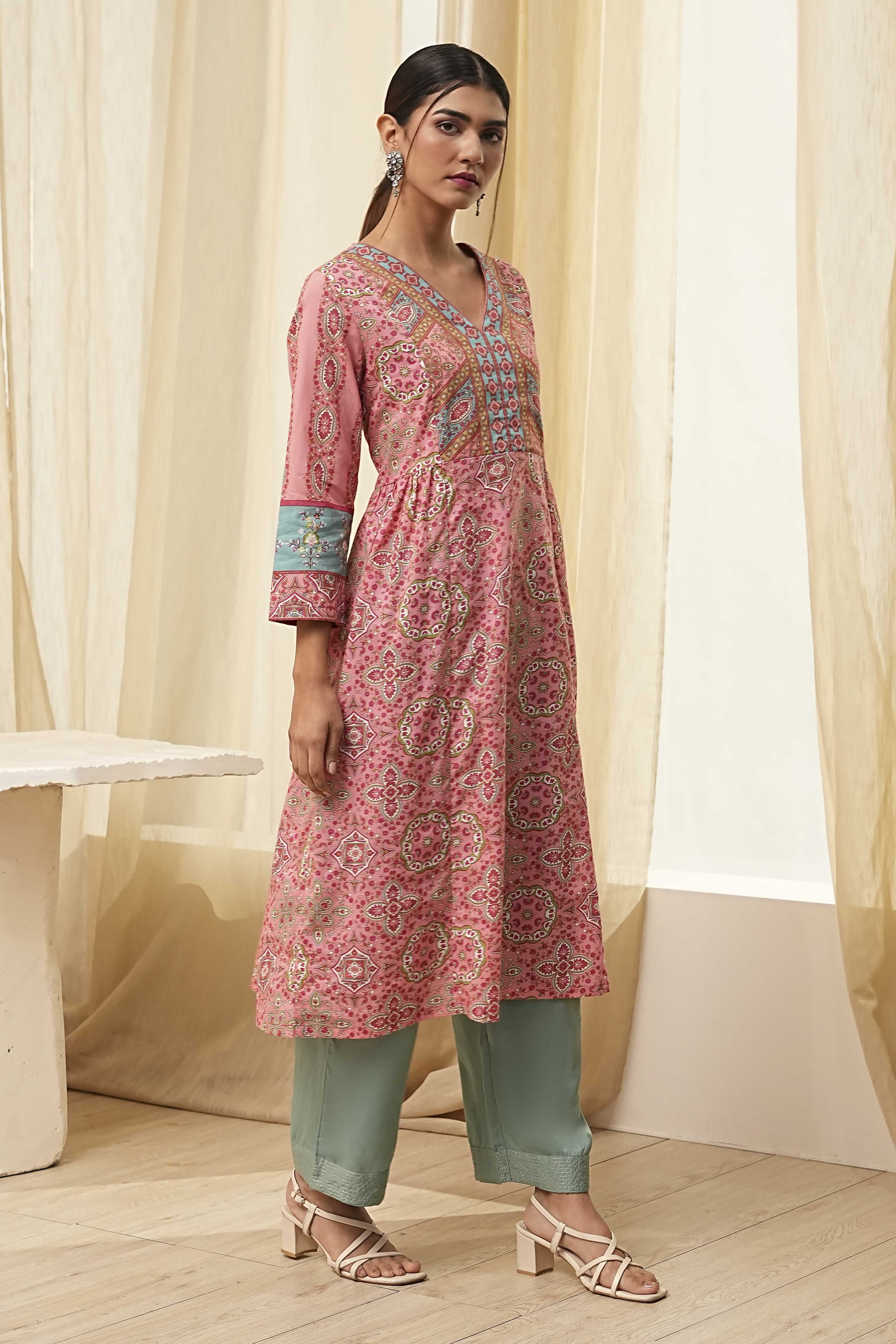 Pink Pure Cotton Printed A-Line Kurta image number 4