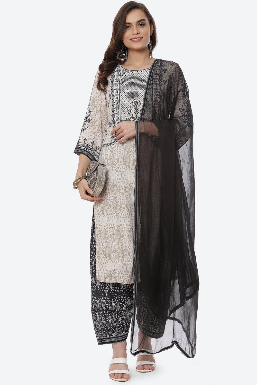 Black & White Cotton Straight Kurta Salwar Suit Set image number 7