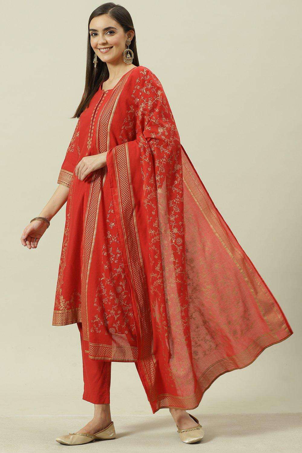 Red Printed Cotton Straight Kurta Slim Pants Suit Set image number 5