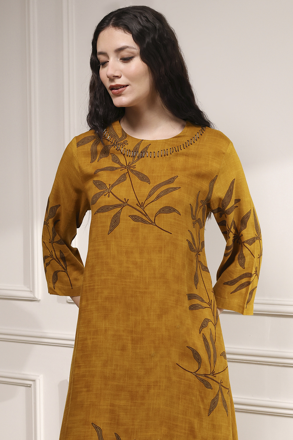 Mustard Yellow Viscose Rayon Straight Printed Kurta Pants Set image number 1